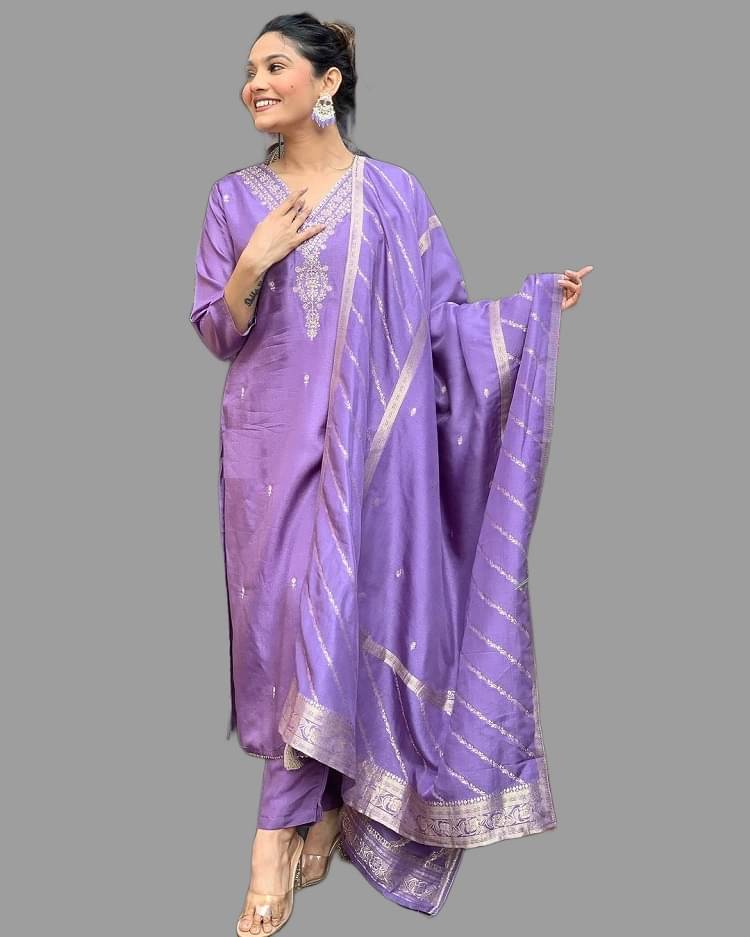 MEHZEEL FAB Silk Blend Embroidered Kurti With Pants Women's Stitched Salwar Suit - Lavender ( Pack of 1 ) MEHZEEL FAB Silk Blend Embroidered Kurti With Pants Women's Stitched Salwar Suit - Lavender ( Pack of 1 )