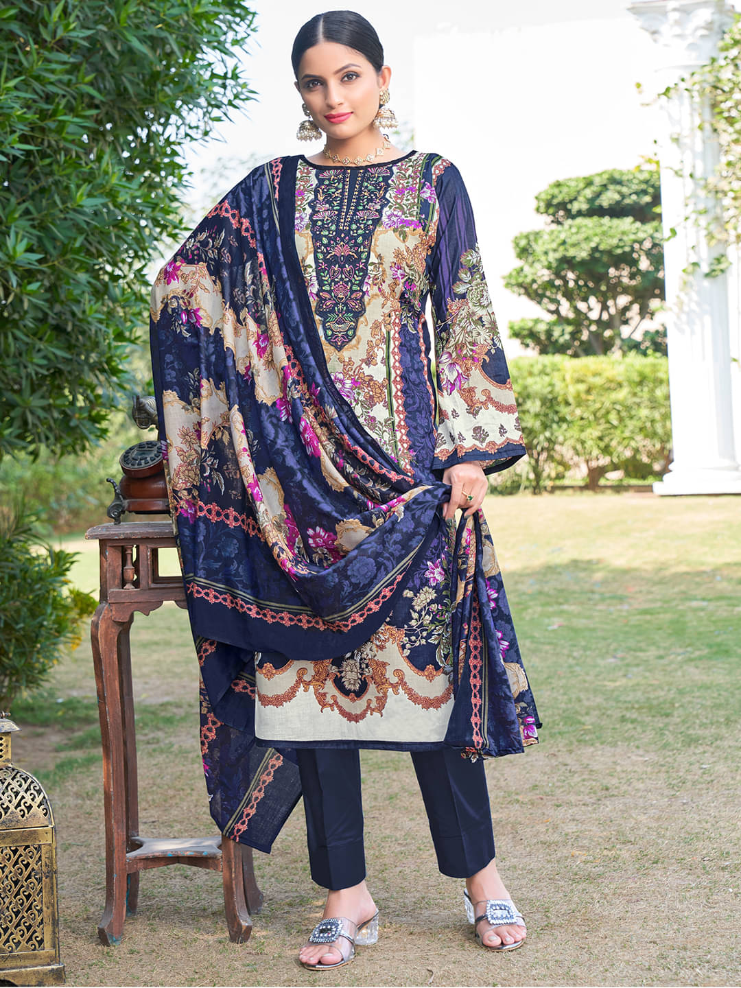     			MOJILAA Cotton Printed Kurti With Pants Women's Stitched Salwar Suit - Navy Blue ( Pack of 1 )