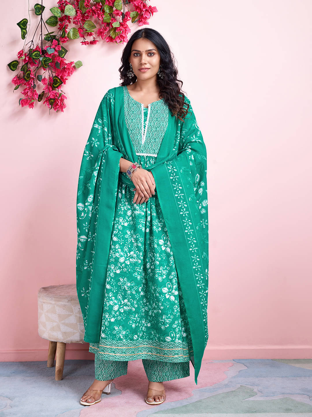     			MOJILAA Cotton Printed Kurti With Palazzo Women's Stitched Salwar Suit - Sea Green ( Pack of 1 )
