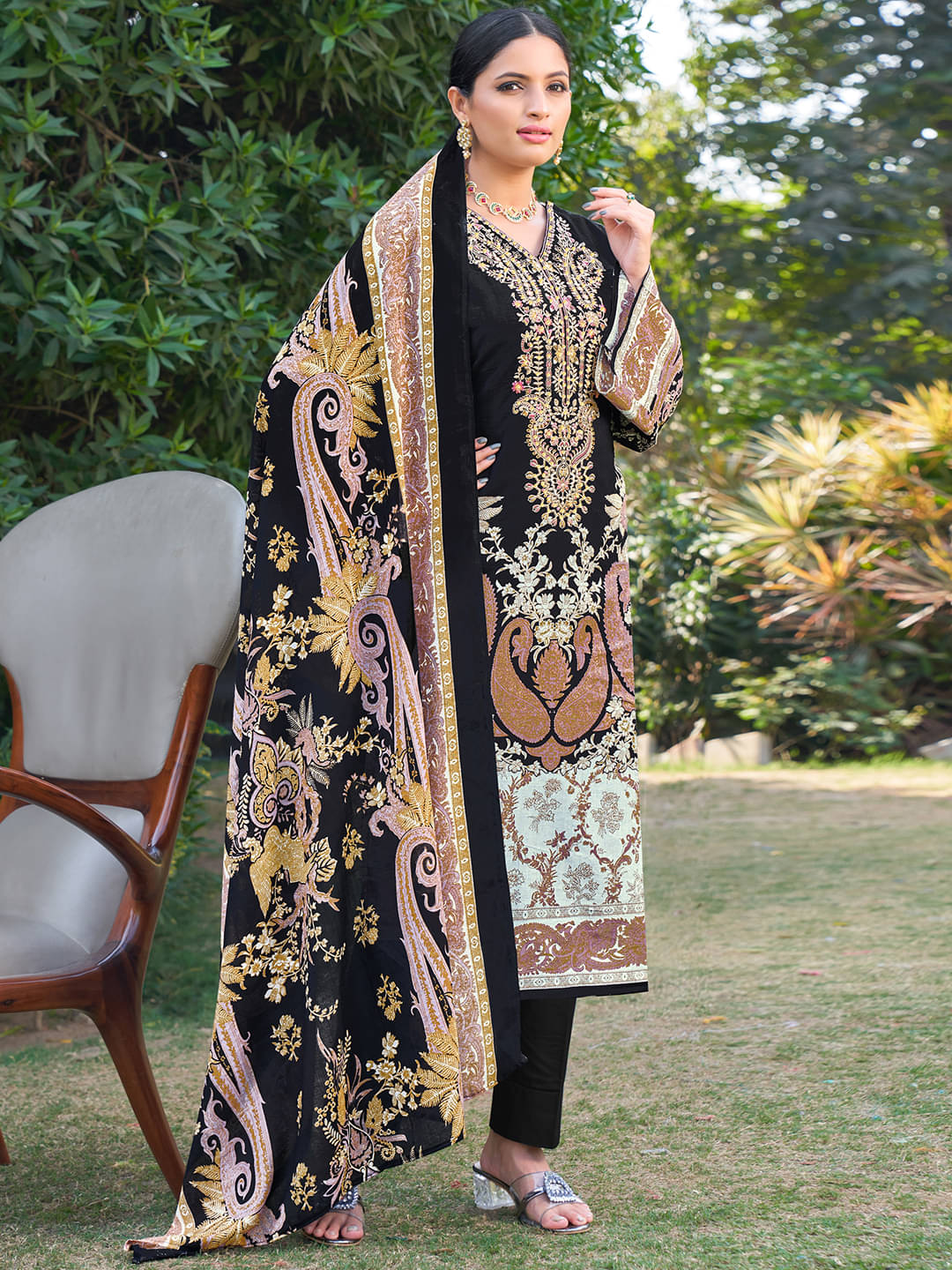     			MOJILAA Cotton Printed Kurti With Pants Women's Stitched Salwar Suit - Black ( Pack of 1 )