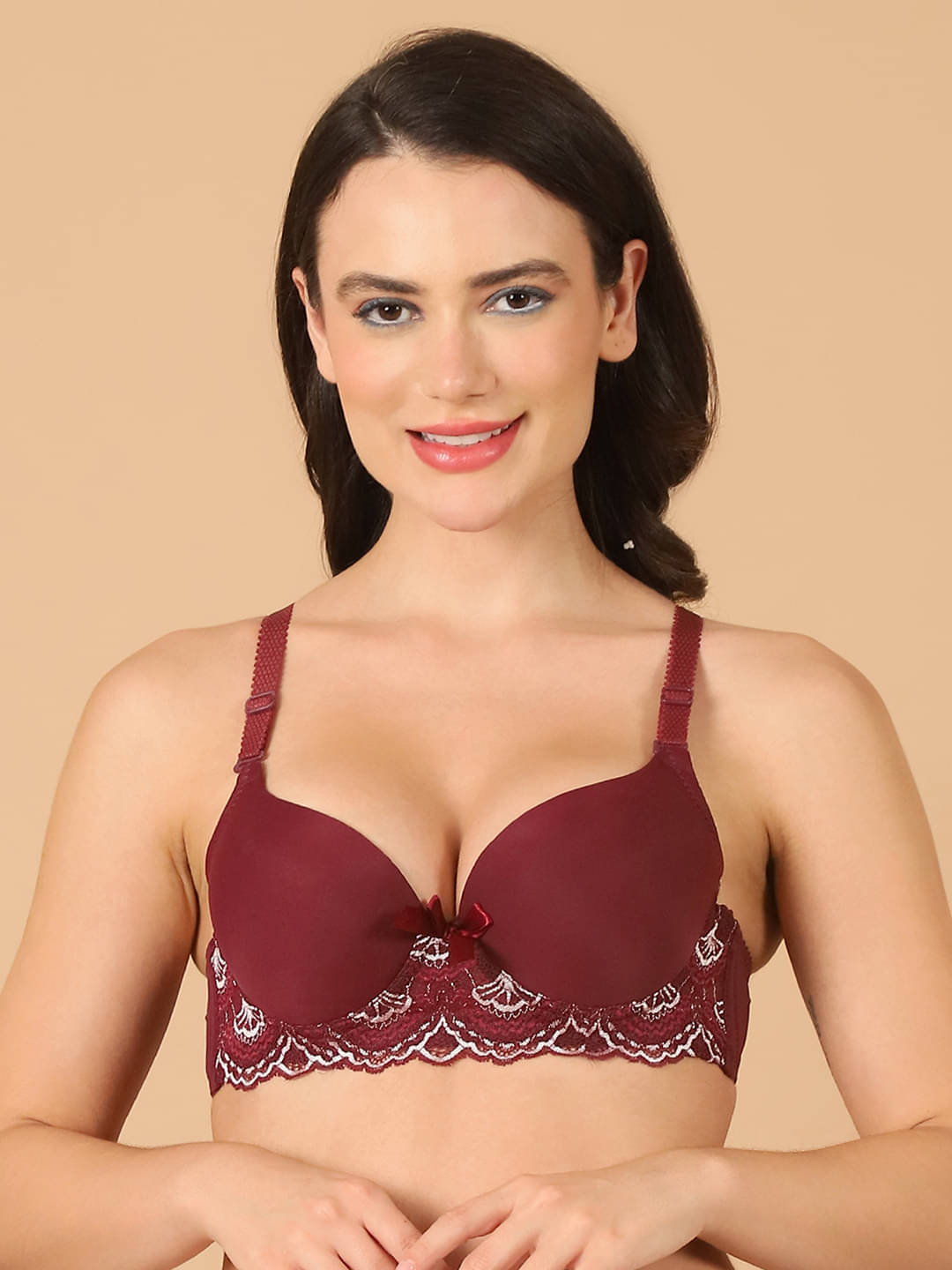 PrettyCat Polyester Lightly Padded Women's Push Up Bra ( Burgundy ) PC-BR-7039-WHN PrettyCat Polyester Lightly Padded Women's Push Up Bra ( Burgundy ) PC-BR-7039-WHN