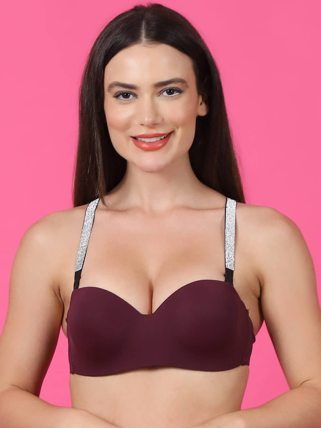 PrettyCat Polyester Lightly Padded Women's Balconette Bra ( Burgundy ) PC-BR-7042-WHN PrettyCat Polyester Lightly Padded Women's Balconette Bra ( Burgundy ) PC-BR-7042-WHN