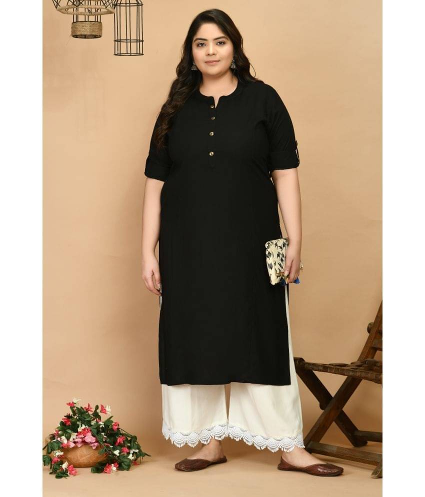 PrettyPlus by Desinoor.com Rayon Solid Straight Women's Kurti - Black ( Pack of 1 ) PrettyPlus by Desinoor.com Rayon Solid Straight Women's Kurti - Black ( Pack of 1 )