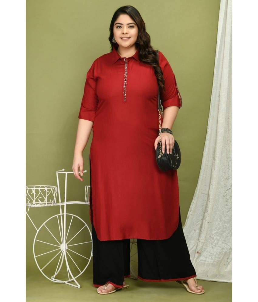 PrettyPlus by Desinoor.com Rayon Embroidered Kurti With Palazzo Women's Stitched Salwar Suit - Maroon ( Pack of 1 ) PrettyPlus by Desinoor.com Rayon Embroidered Kurti With Palazzo Women's Stitched Salwar Suit - Maroon ( Pack of 1 )