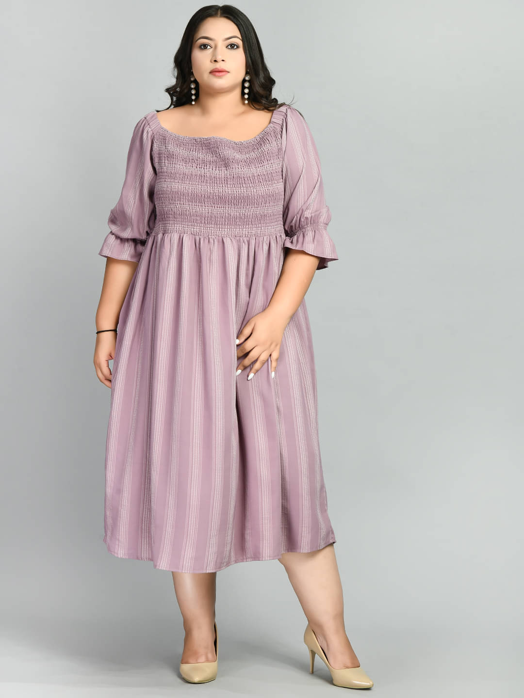     			PrettyPlus by Desinoor.com Viscose Striped Midi Women's Fit & Flare Dress - Lavender ( Pack of 1 )