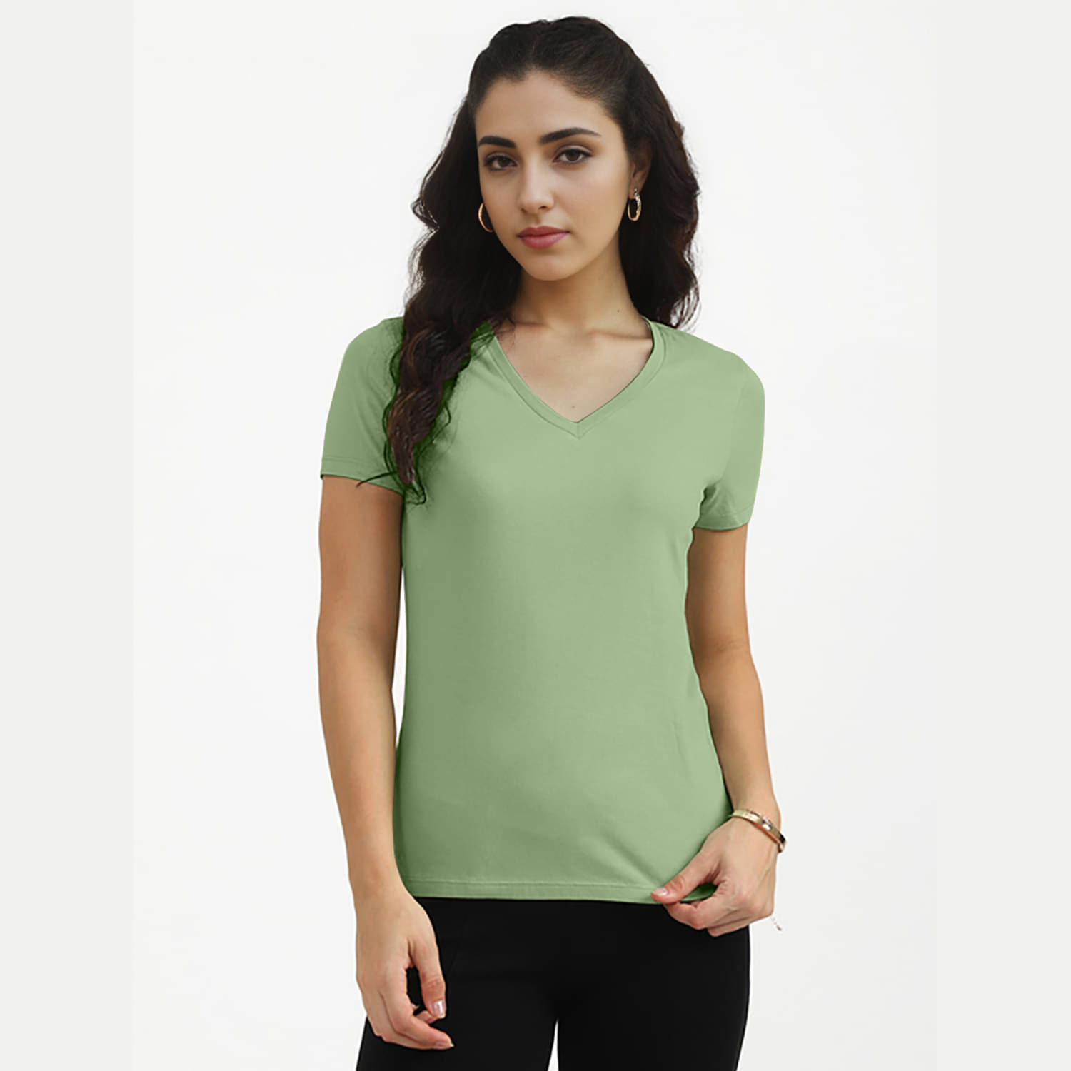     			Radprix Women Cotton Solid Regular Fit V-Neck T-Shirt ( Green )