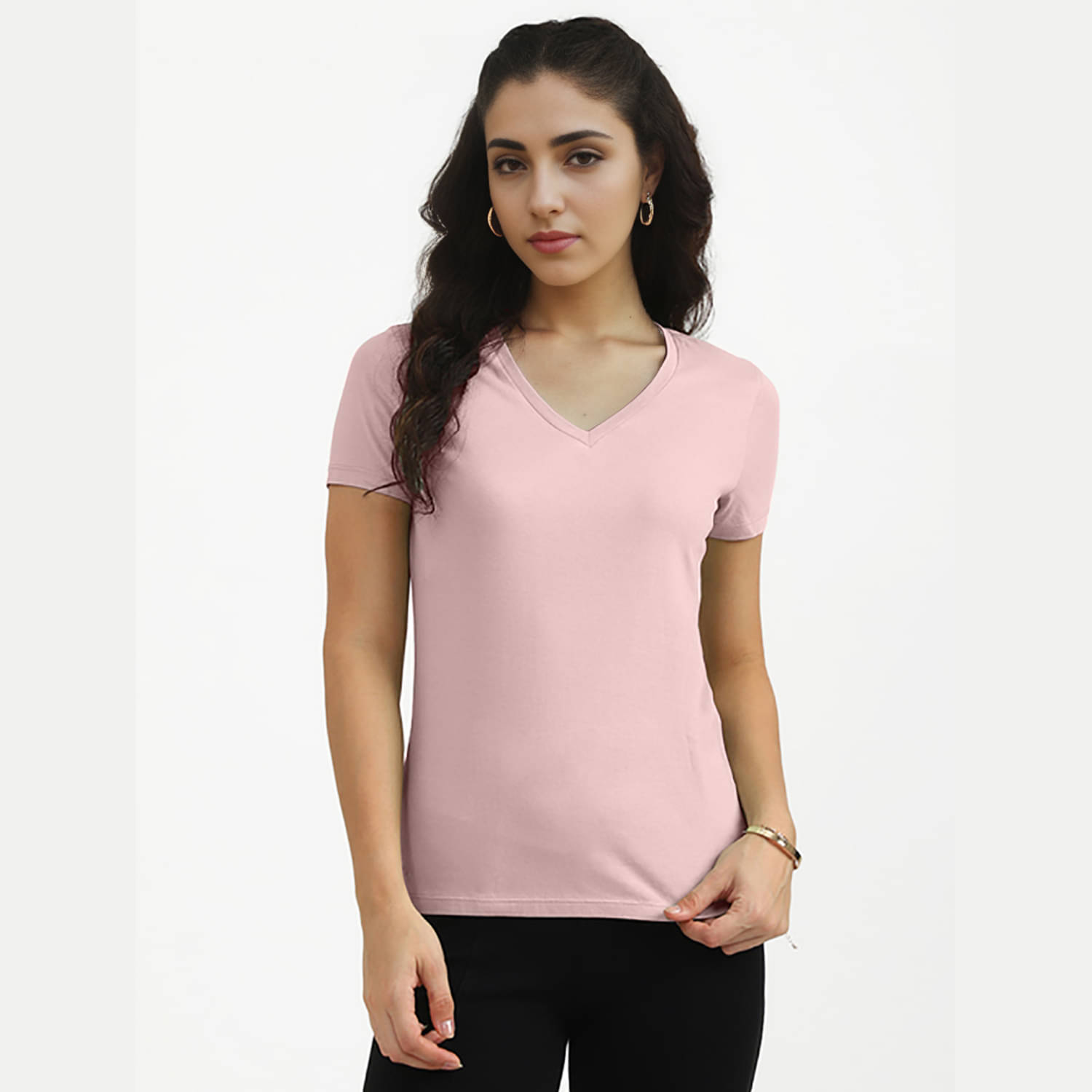     			Radprix Women Cotton Solid Regular Fit V-Neck T-Shirt ( Pink )