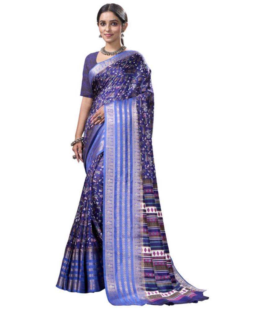Sanjana Silk Silk Blend Printed Saree With Unstitched Blouse Piece ( Navy Blue )     			Sanjana Silk Silk Blend Printed Saree With Unstitched Blouse Piece ( Navy Blue )