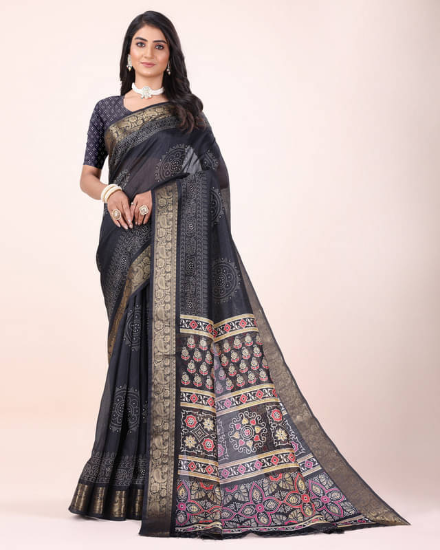Sitanjali Lifestyle Silk Blend Printed Saree With Unstitched Blouse Piece ( Black ) Sitanjali Lifestyle Silk Blend Printed Saree With Unstitched Blouse Piece ( Black )