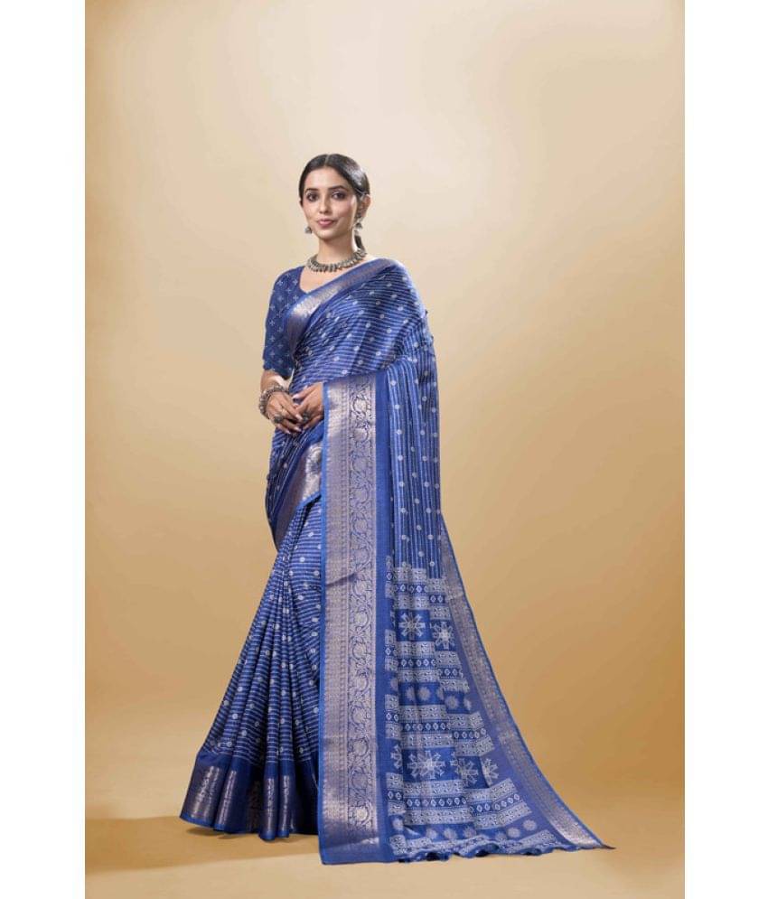     			Sitanjali Silk Blend Printed Saree With Unstitched Blouse Piece ( Navy Blue )