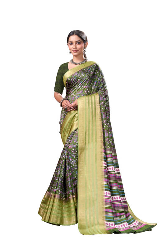     			Sitanjali Silk Blend Printed Saree With Unstitched Blouse Piece ( Sea Green )