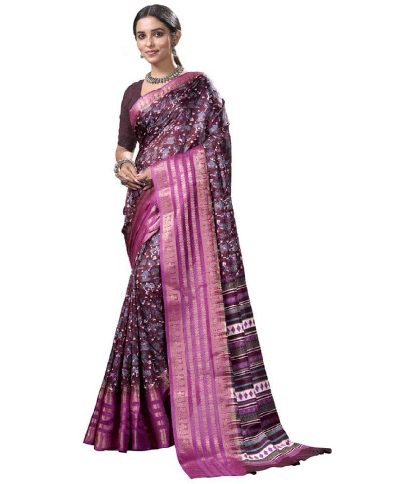     			Sitanjali Silk Blend Printed Saree With Unstitched Blouse Piece ( Wine )