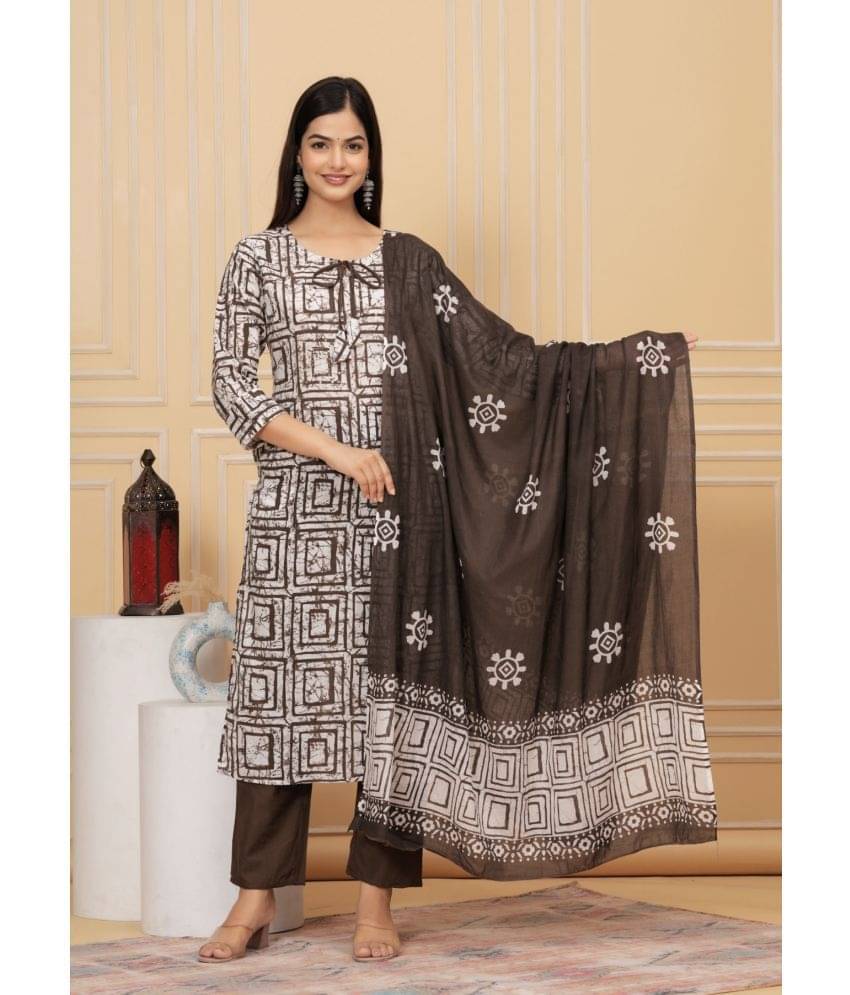     			TRAHIMAM Viscose Self Design Kurti With Pants Women's Stitched Salwar Suit - Brown ( Pack of 1 )