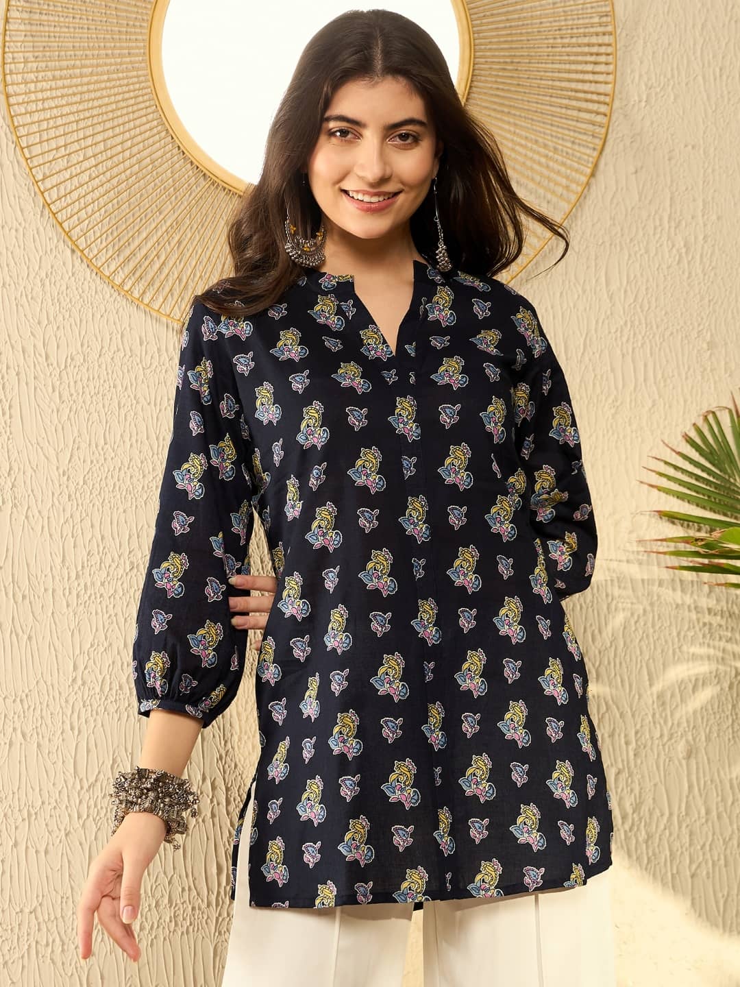 Vaamsi Women's Cotton Blend Tunic ( Navy Blue )