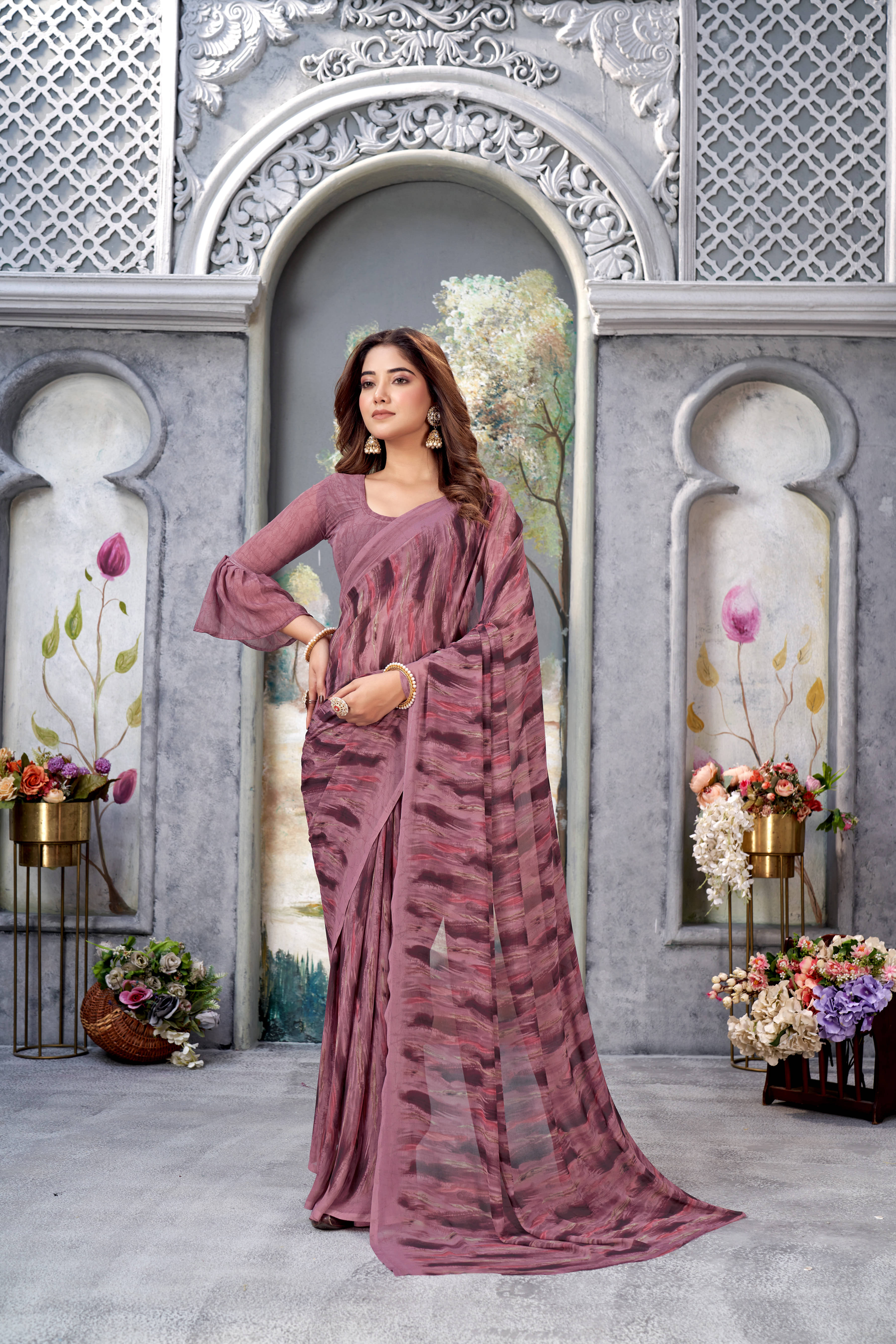     			Varni Fabrics Georgette Printed Saree With Unstitched Blouse Piece ( Mauve )