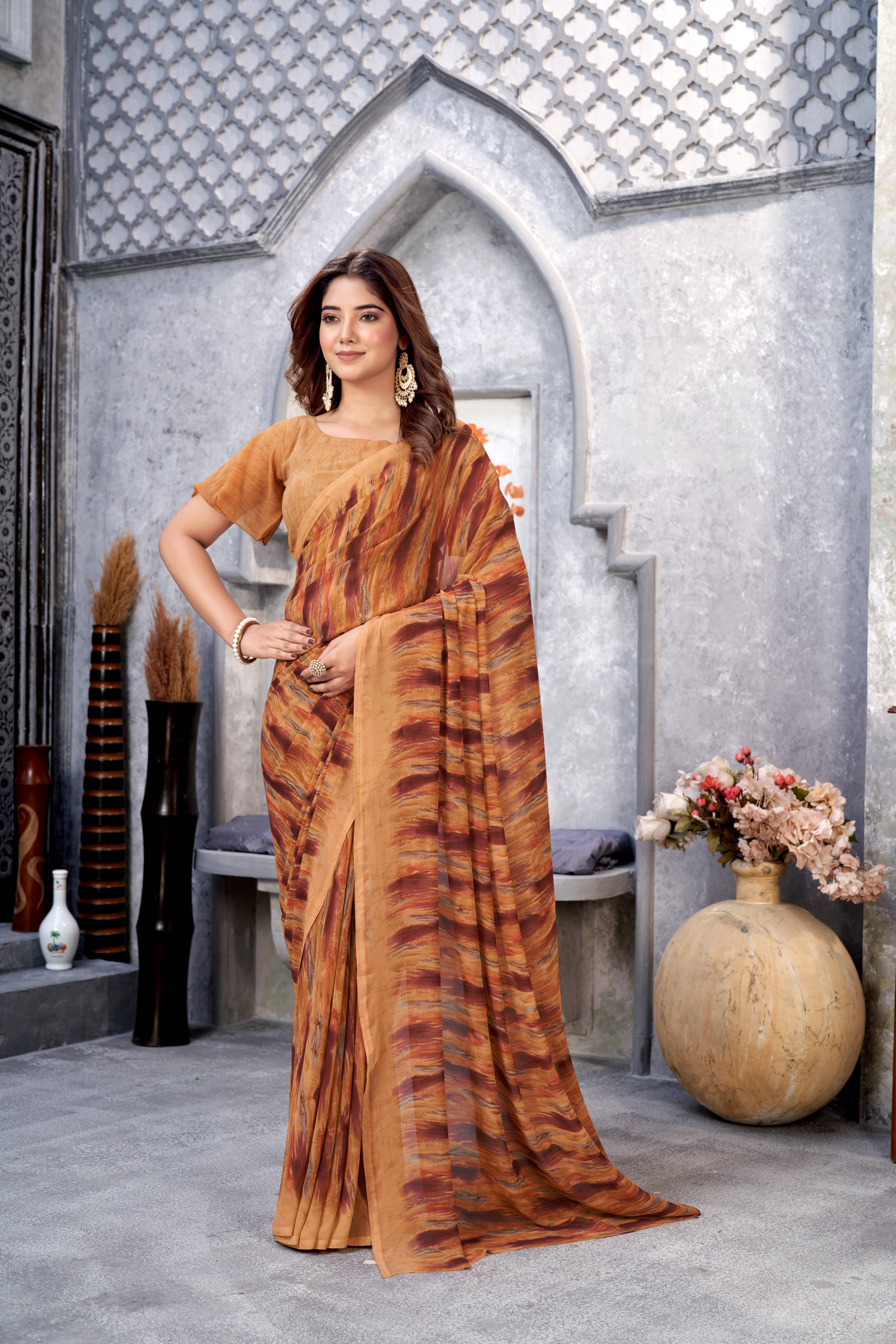     			Varni Fabrics Georgette Printed Saree With Unstitched Blouse Piece ( Mustard )