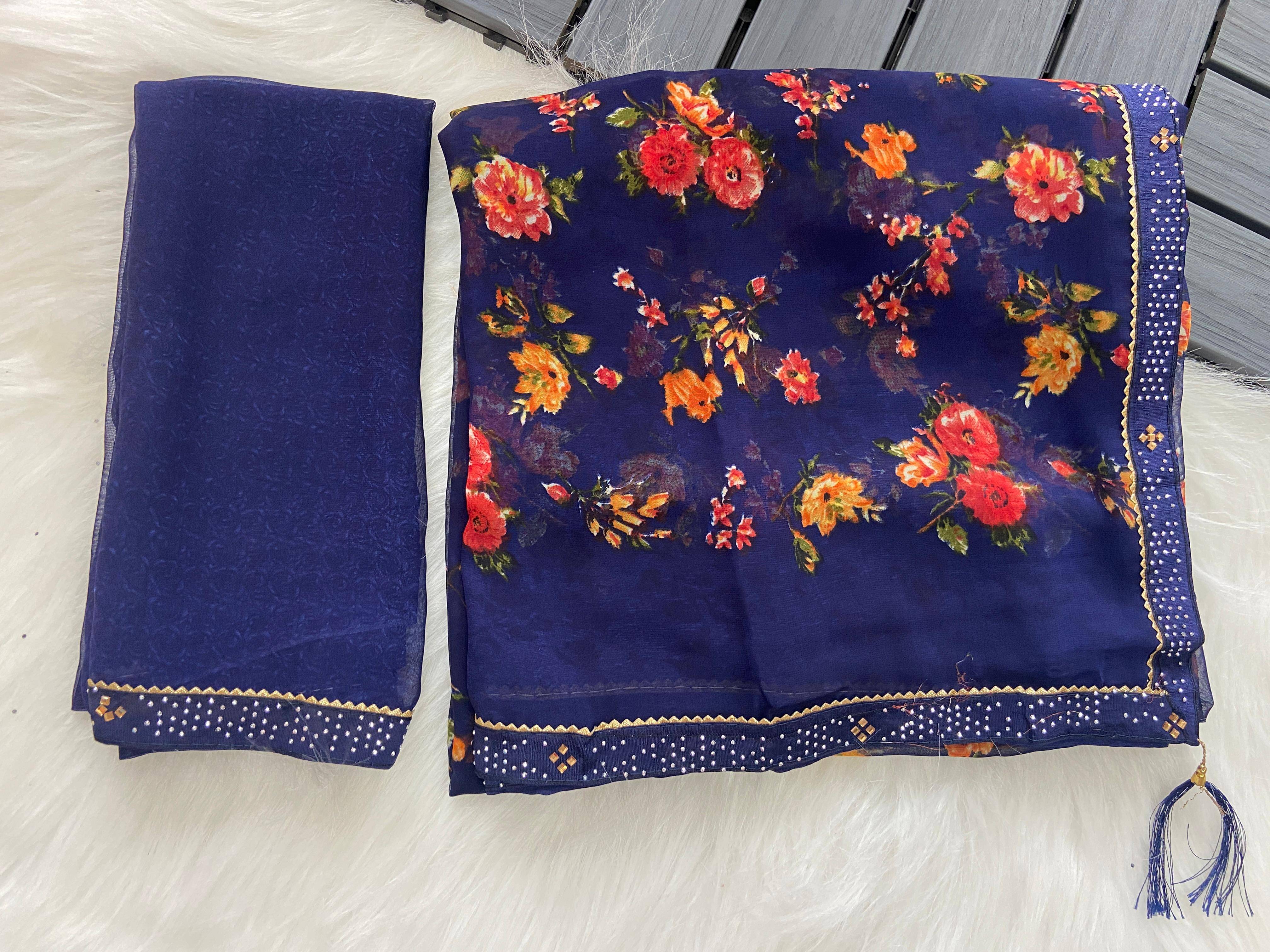     			BHAVIKA SILK MILLS Georgette Printed Saree With Unstitched Blouse Piece ( Navy Blue )