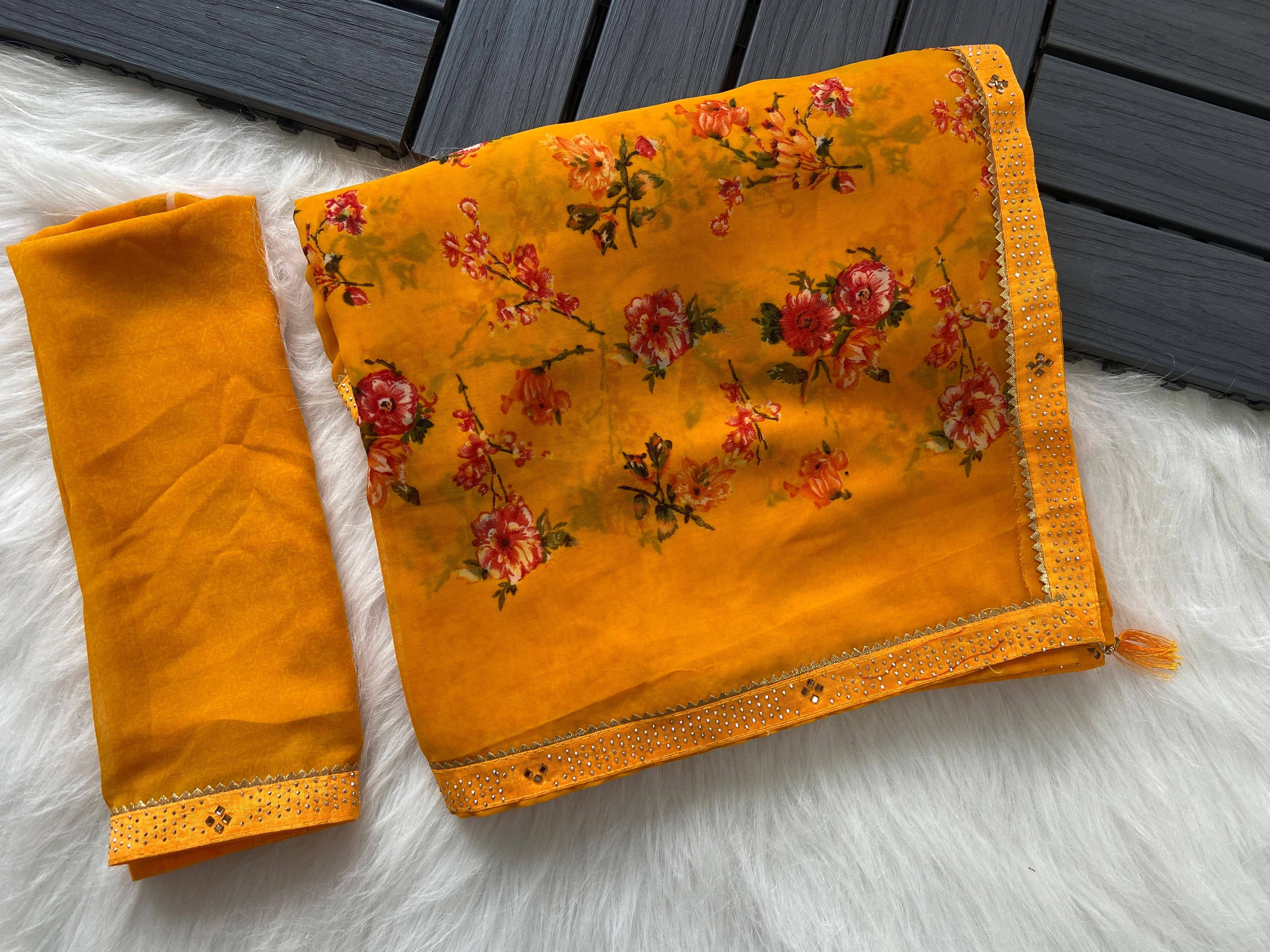     			BHAVIKA SILK MILLS Georgette Printed Saree With Unstitched Blouse Piece ( Yellow )