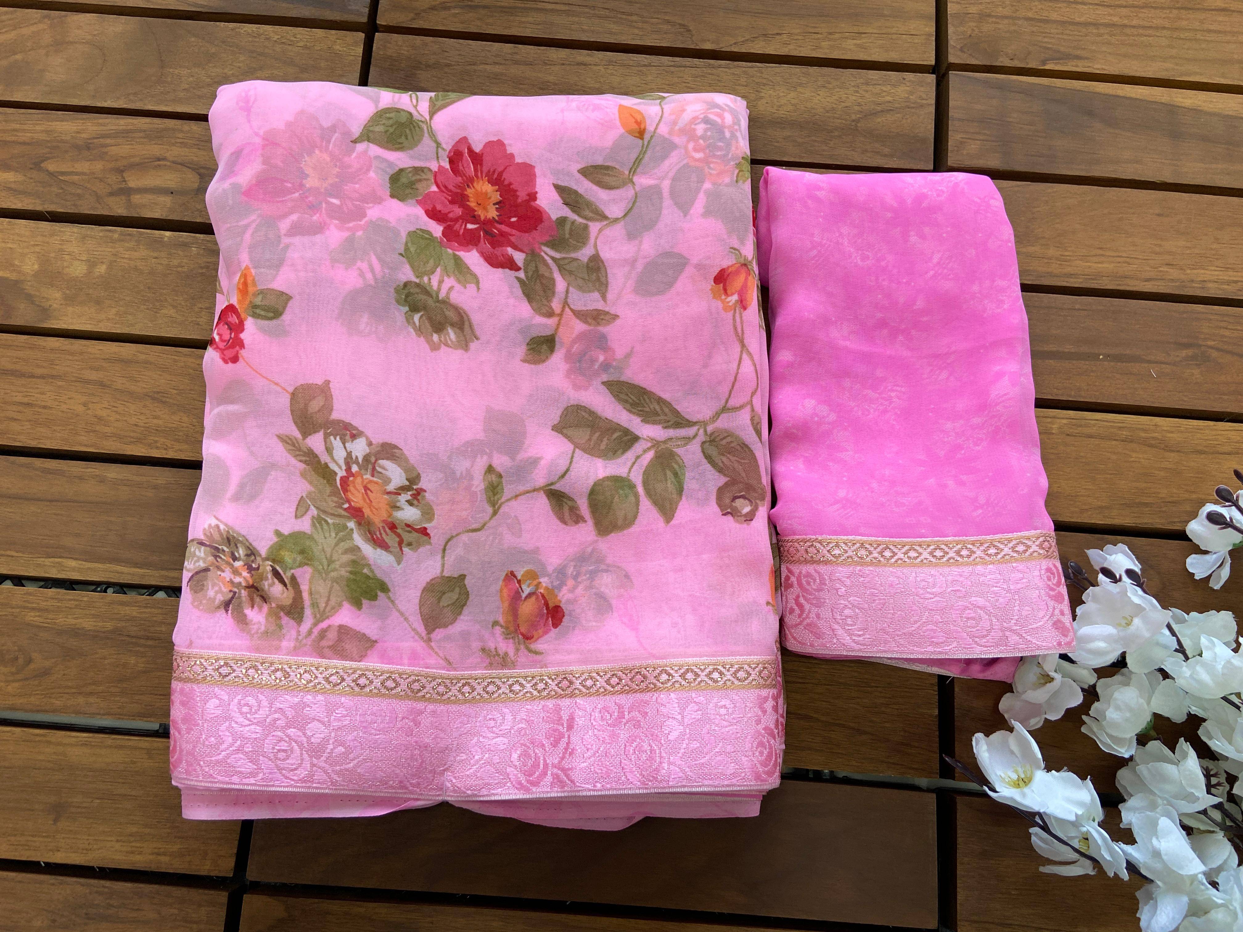 BHAVIKA SILK MILLS Georgette Printed Saree With Unstitched Blouse Piece ( Pink ) BHAVIKA SILK MILLS Georgette Printed Saree With Unstitched Blouse Piece ( Pink )