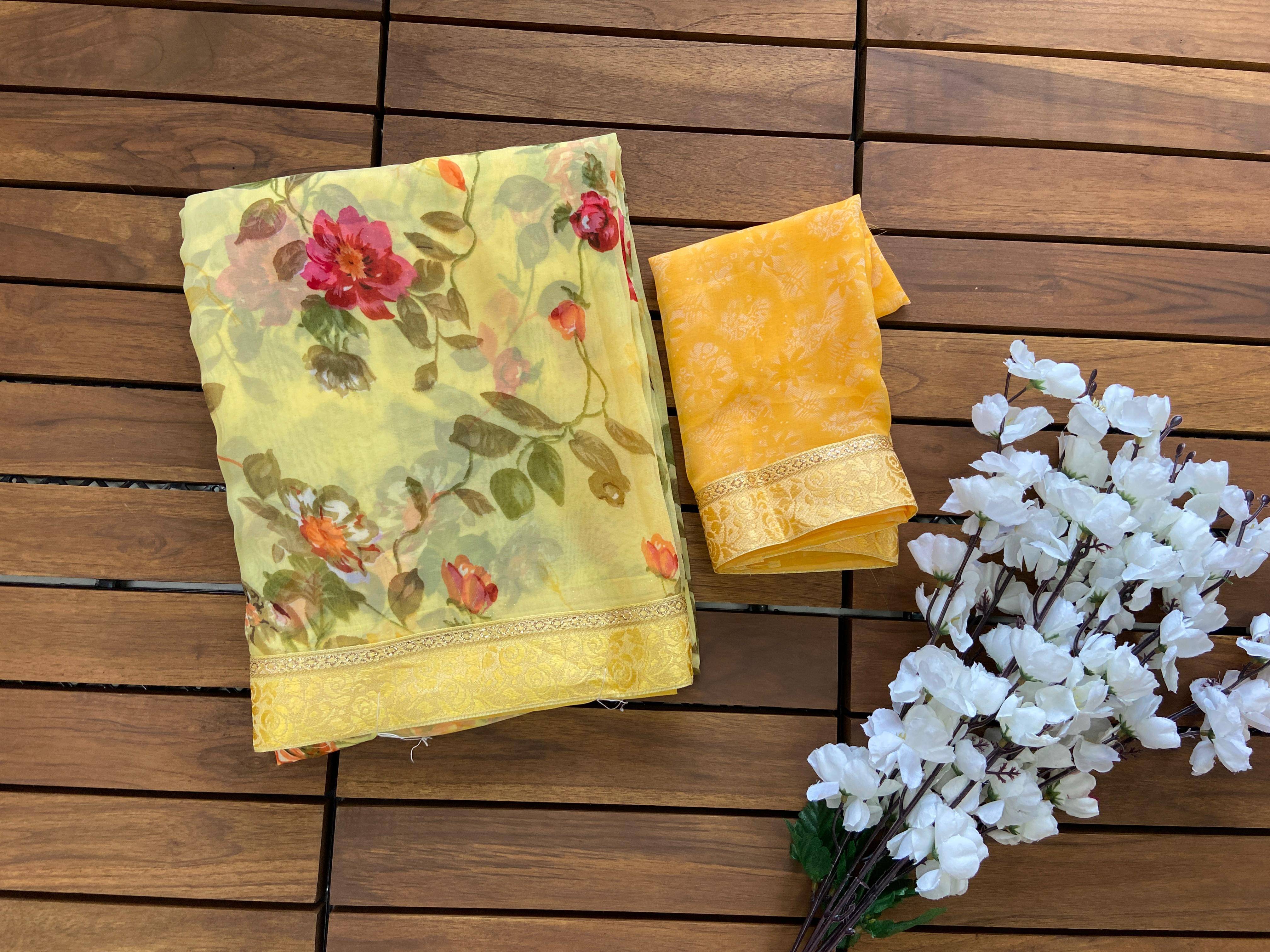 BHAVIKA SILK MILLS Georgette Printed Saree With Unstitched Blouse Piece ( Yellow ) BHAVIKA SILK MILLS Georgette Printed Saree With Unstitched Blouse Piece ( Yellow )