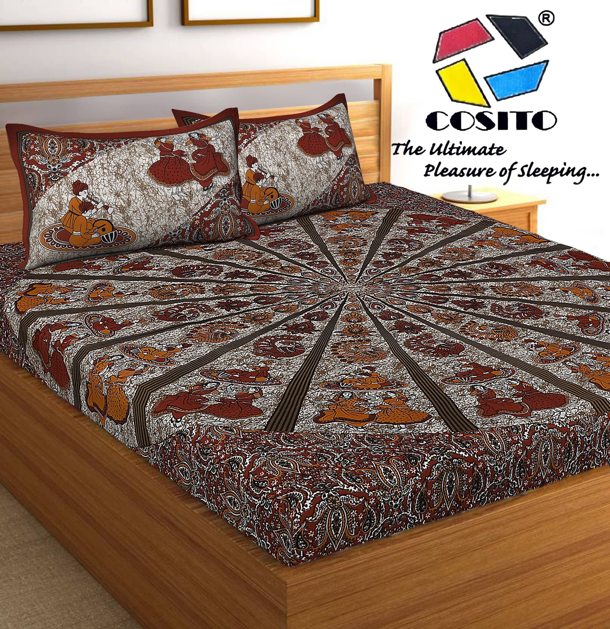 Cosito Cotton 1 Double Bedsheet with 2 Pillow Covers ( Multicolor )