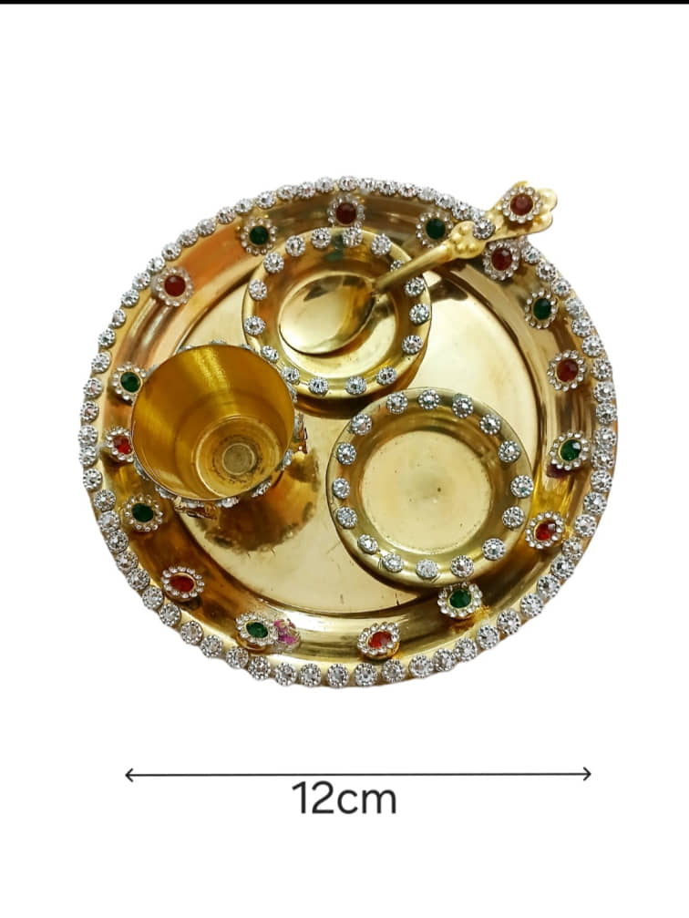Golden Brass Pooja Bhog Thali with 2 Bowls, 1 Spoon & 1 Glass