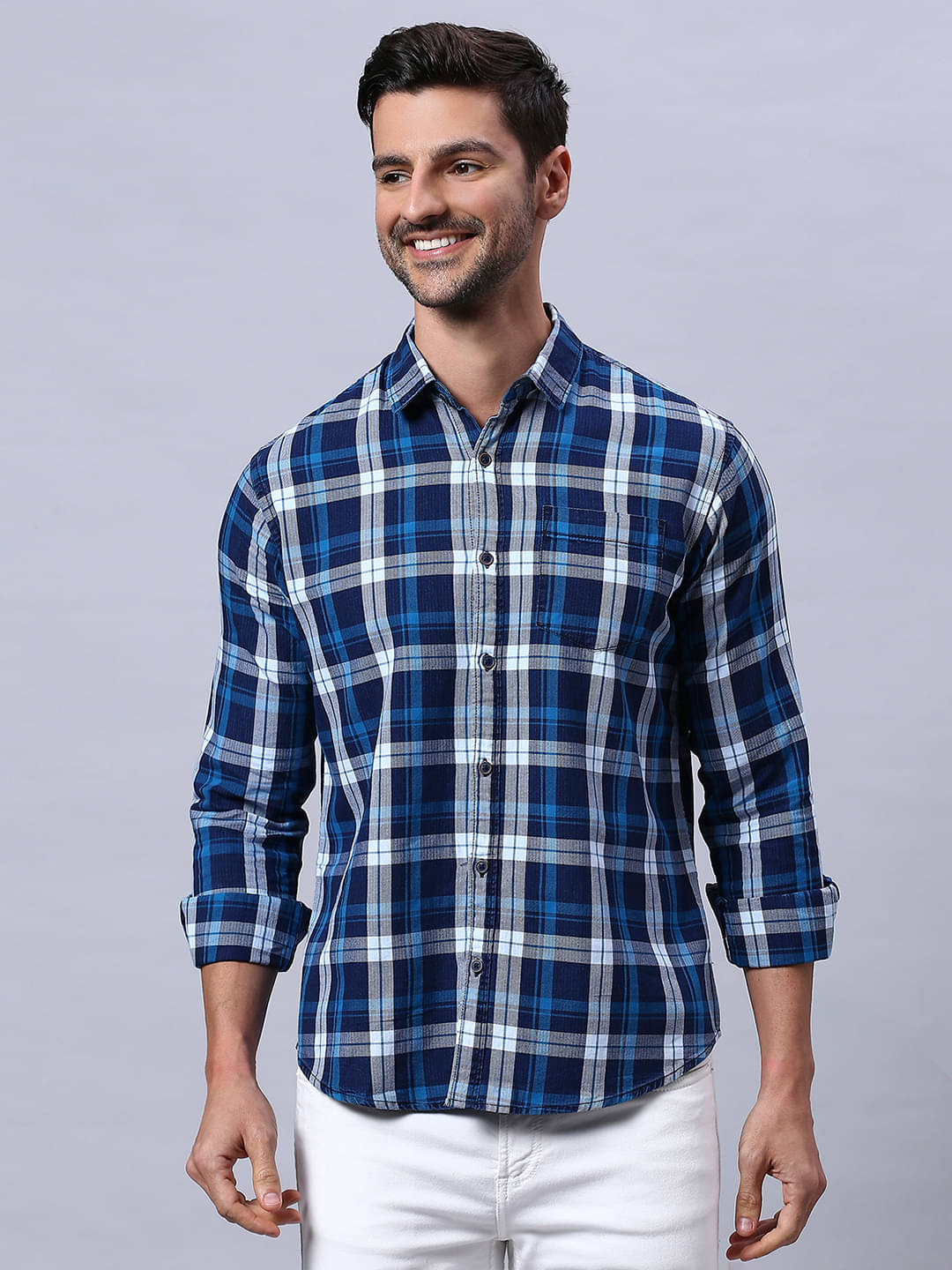     			HJ HASASI 100% Cotton Slim Fit Checks Full Sleeves Men's Casual Shirt - Navy Blue ( Pack of 1 )