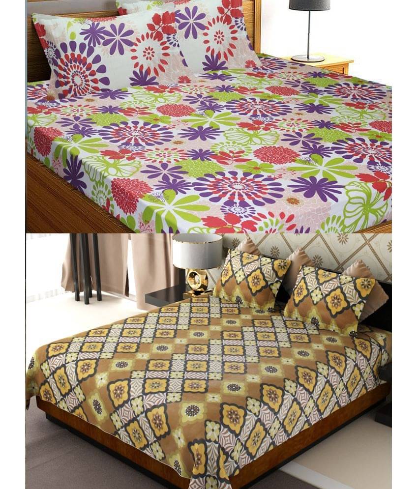     			Home Candy Cotton Floral 2 Double Bedsheet with 4 Pillow Covers - White
