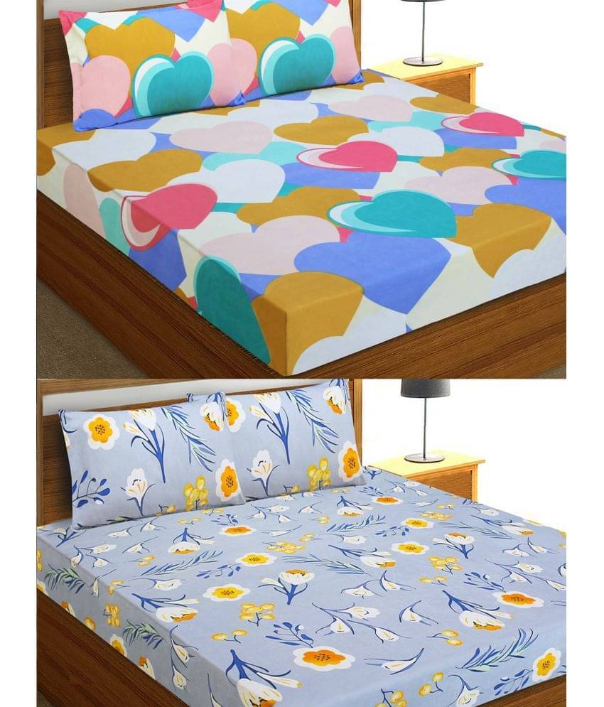     			Home Candy Microfiber Floral 2 Double Bedsheet with 4 Pillow Covers - White