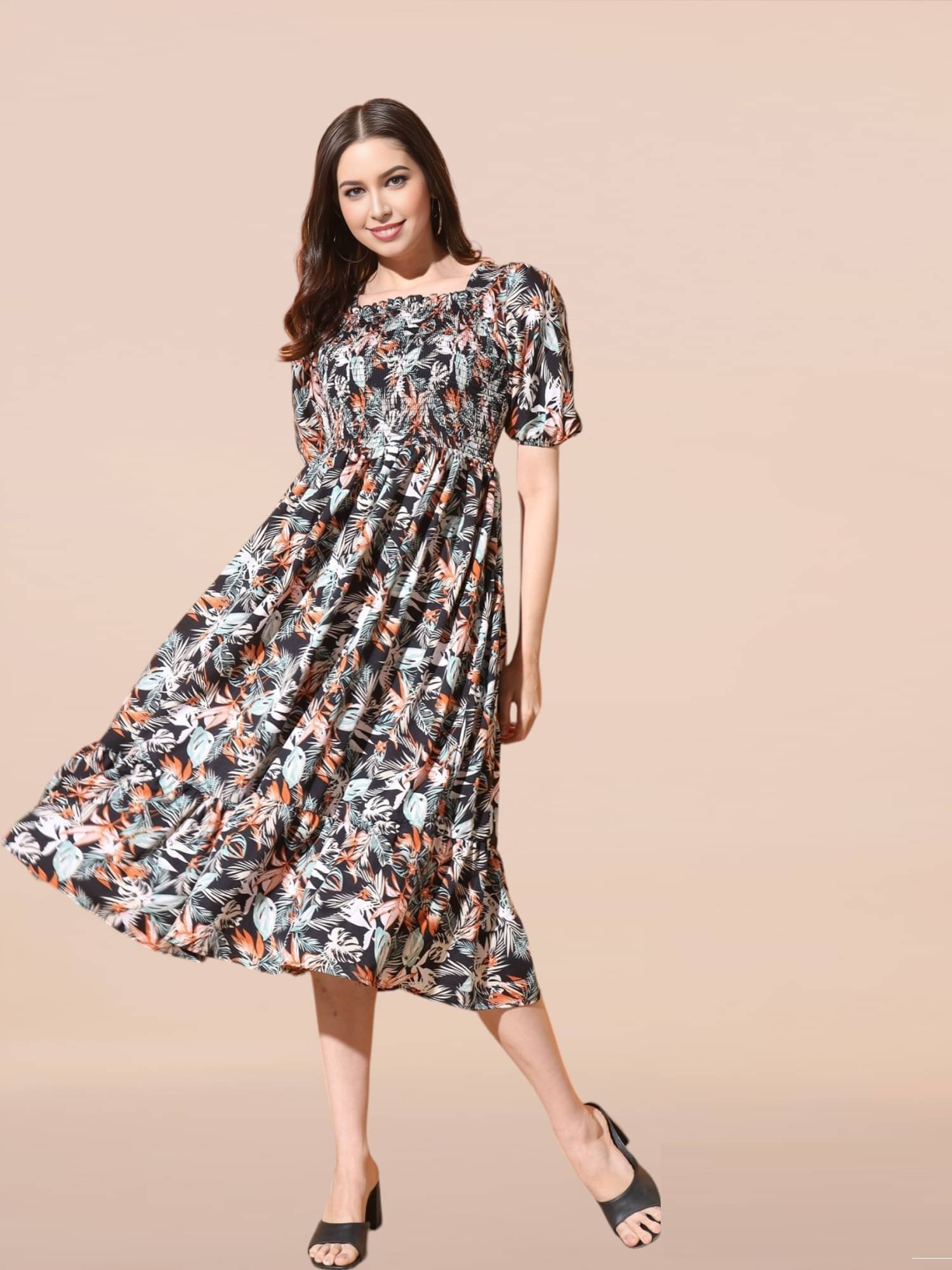 JASH CREATION Women Polyester Printed Fit & Flare Dress ( Black ) JASH CREATION Women Polyester Printed Fit & Flare Dress ( Black )