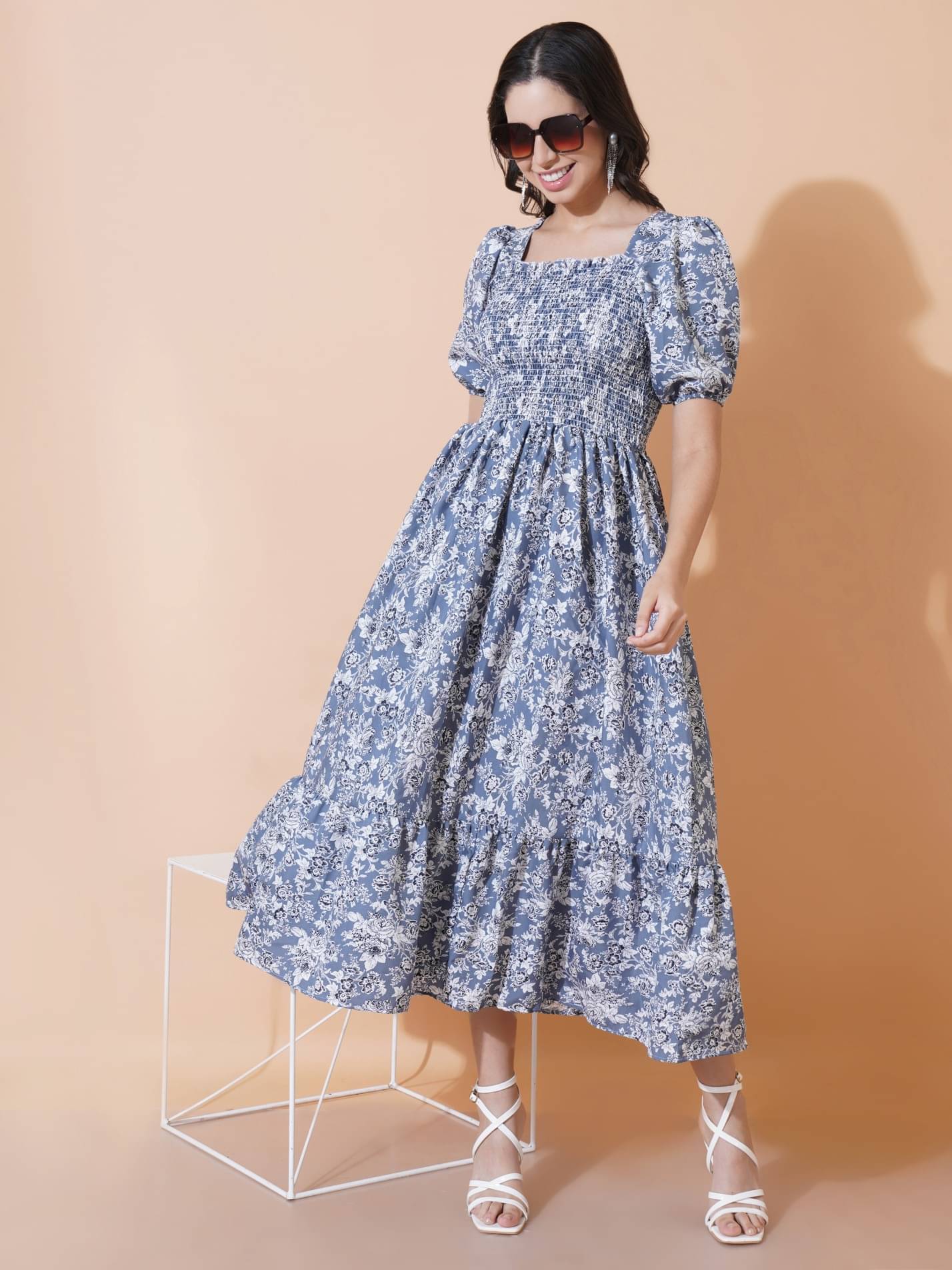 JASH CREATION Polyester Printed Midi Women's Fit & Flare Dress - Blue ( Pack of 1 ) JASH CREATION Polyester Printed Midi Women's Fit & Flare Dress - Blue ( Pack of 1 )