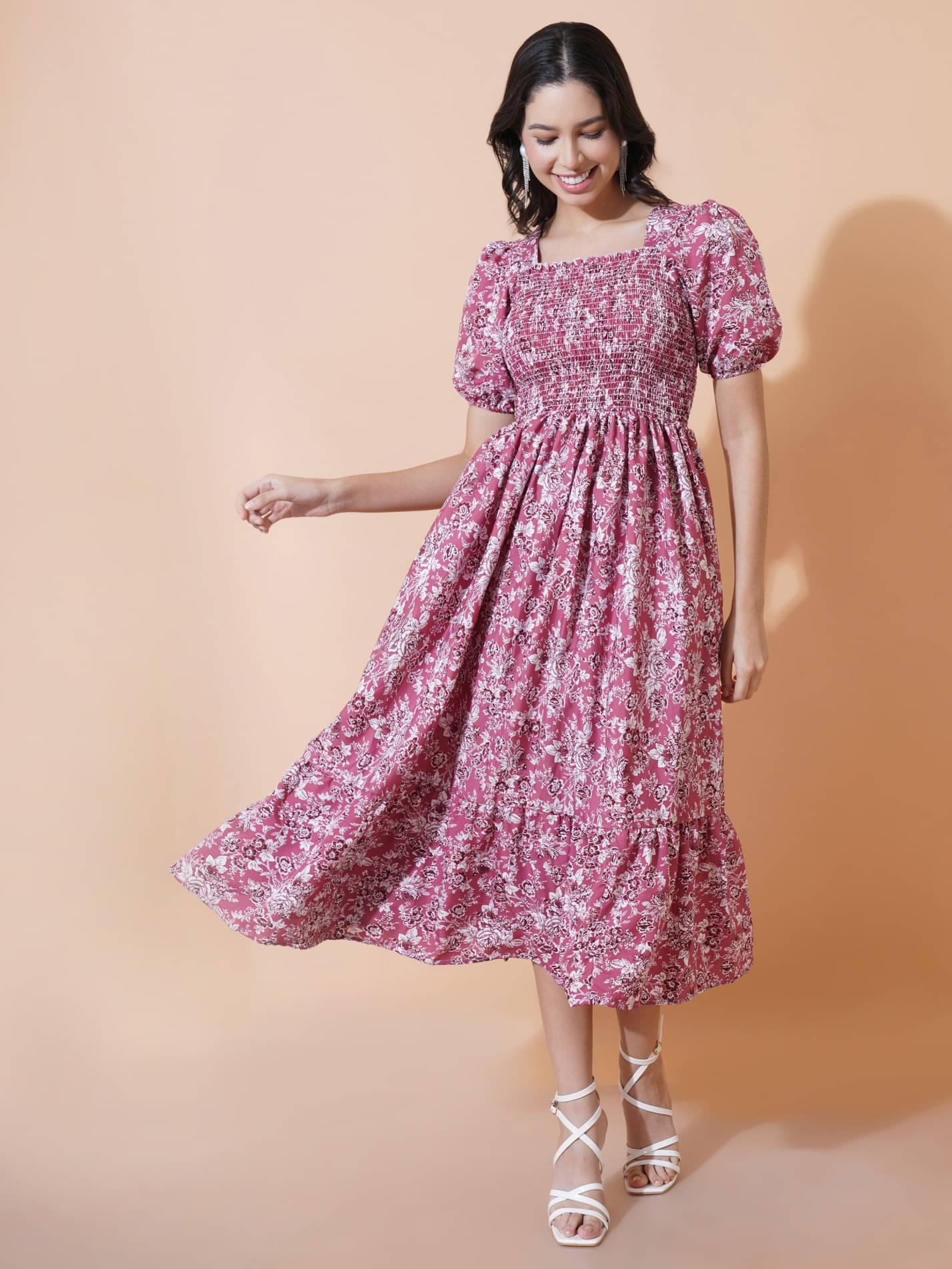 JASH CREATION Polyester Printed Midi Women's Fit & Flare Dress - Pink ( Pack of 1 ) JASH CREATION Polyester Printed Midi Women's Fit & Flare Dress - Pink ( Pack of 1 )