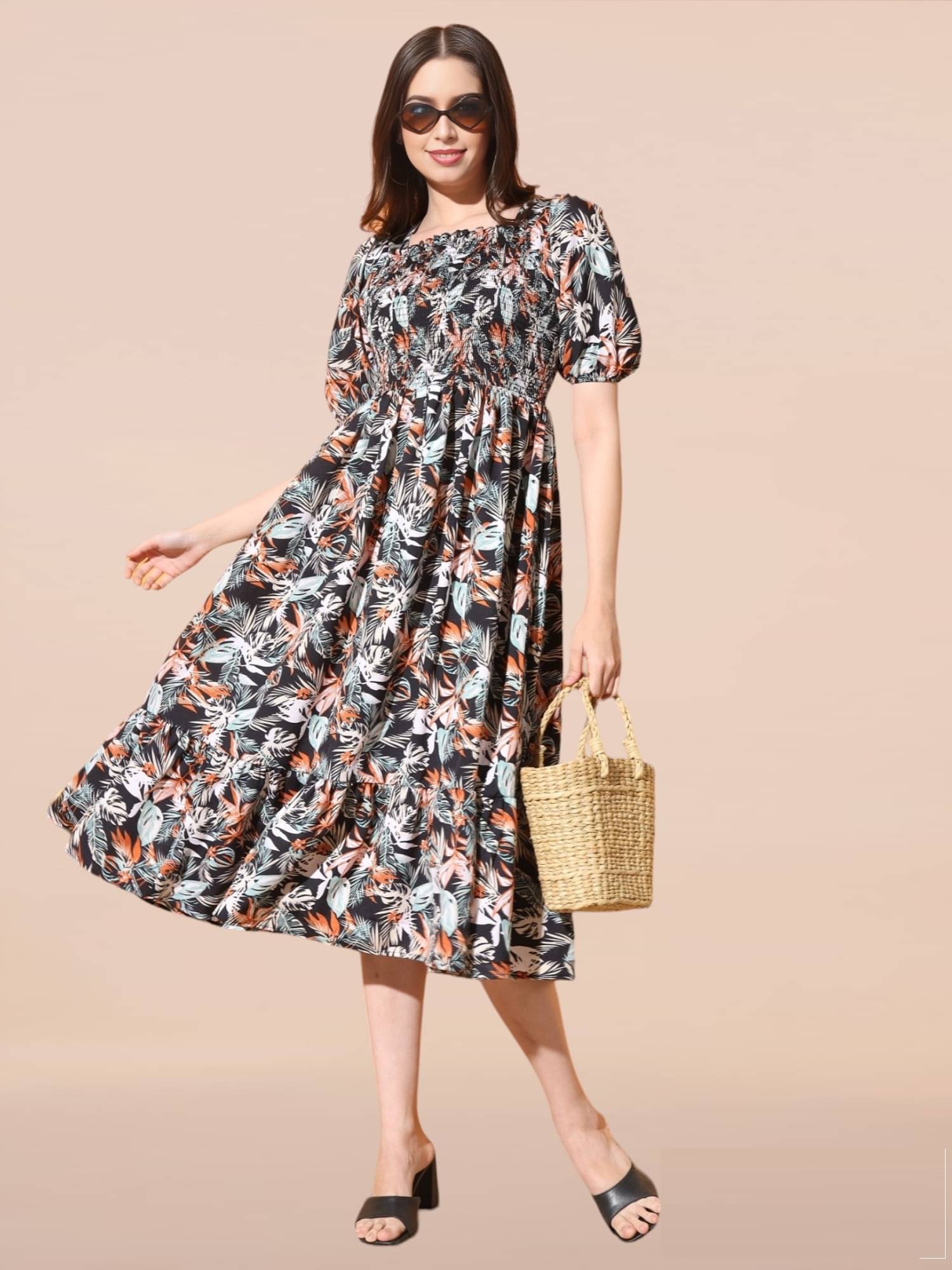     			JASH CREATION Women Polyester Printed Fit & Flare Dress ( Black )
