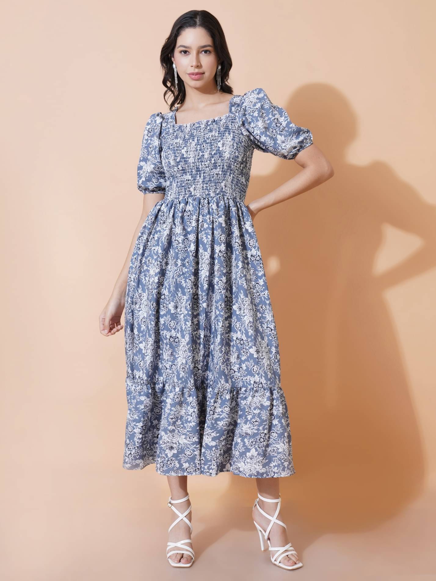 JASH CREATION Polyester Printed Midi Women's Fit & Flare Dress - Blue ( Pack of 1 ) JASH CREATION Polyester Printed Midi Women's Fit & Flare Dress - Blue ( Pack of 1 )
