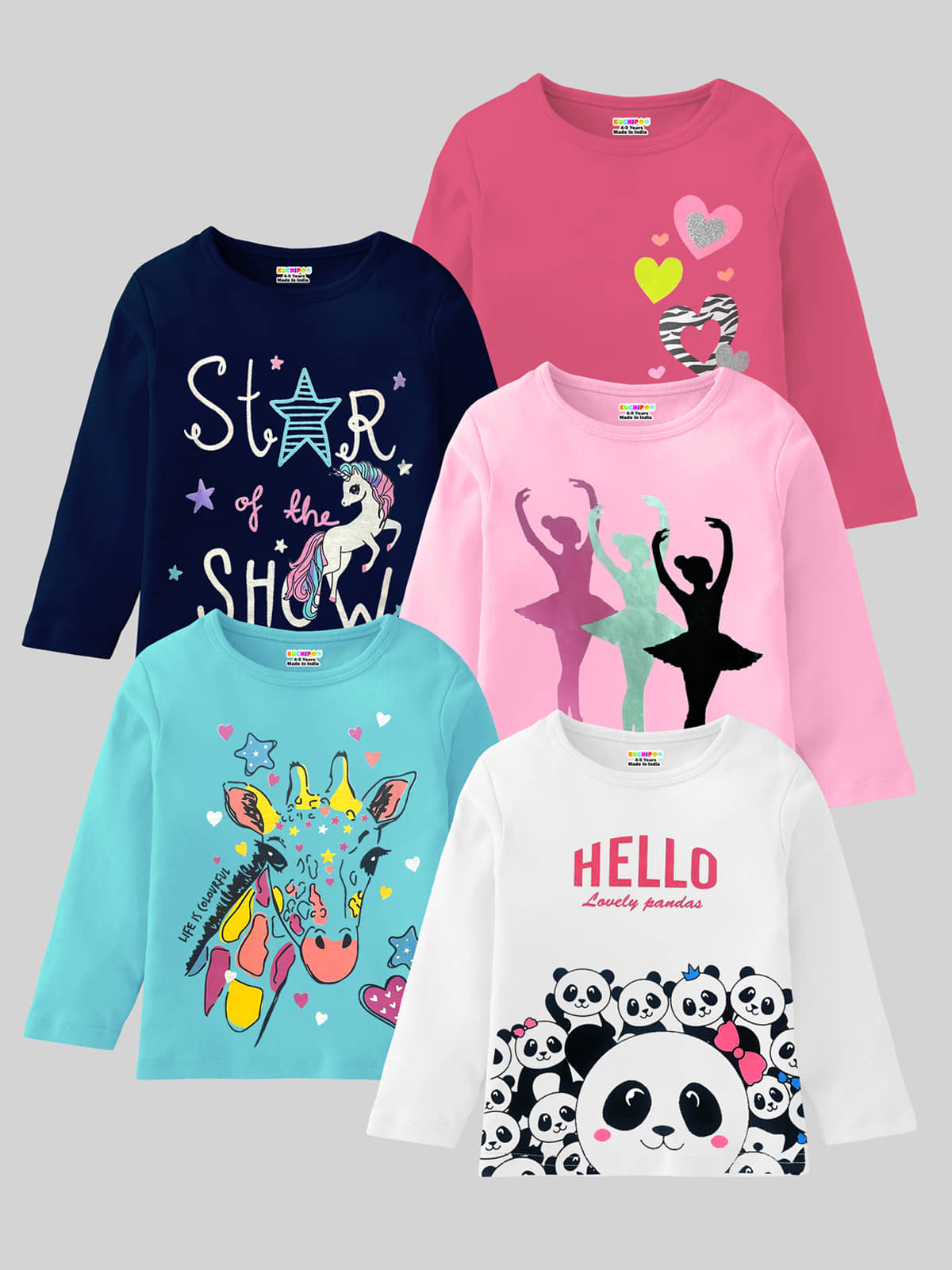 Kuchipoo Pack of 5 Girls Cotton Blend T-Shirt ( Multicolor11 )