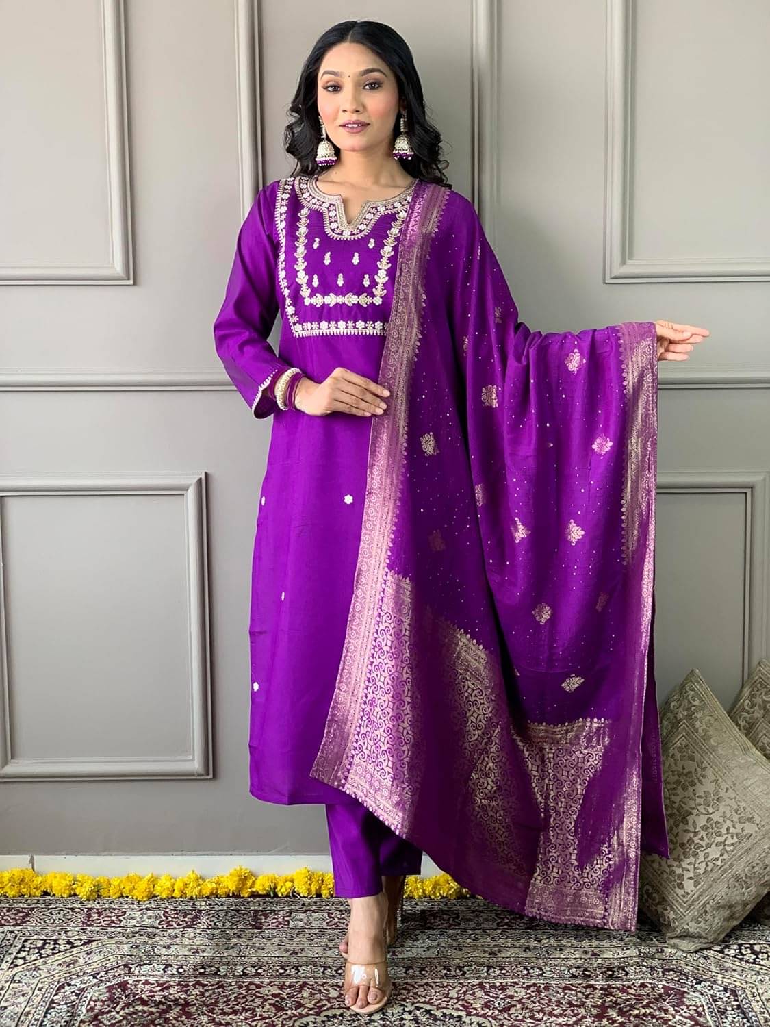 MEHZEEL FAB Silk Blend Embroidered Kurti With Pants Women's Stitched Salwar Suit - Purple ( Pack of 1 ) MEHZEEL FAB Silk Blend Embroidered Kurti With Pants Women's Stitched Salwar Suit - Purple ( Pack of 1 )