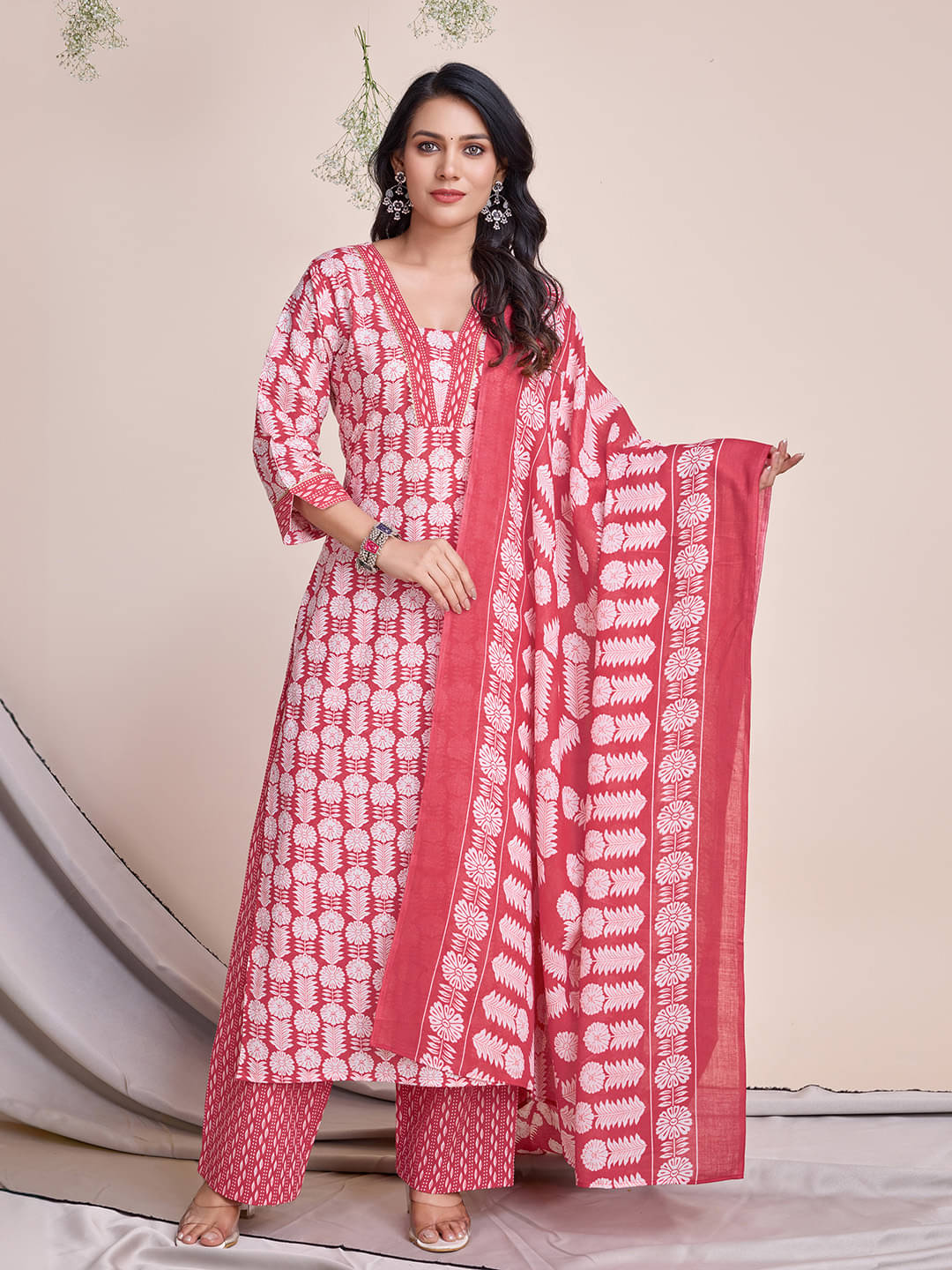MOJILAA Cotton Printed Kurti With Palazzo Women's Stitched Salwar Suit - Coral ( Pack of 1 ) MOJILAA Cotton Printed Kurti With Palazzo Women's Stitched Salwar Suit - Coral ( Pack of 1 )