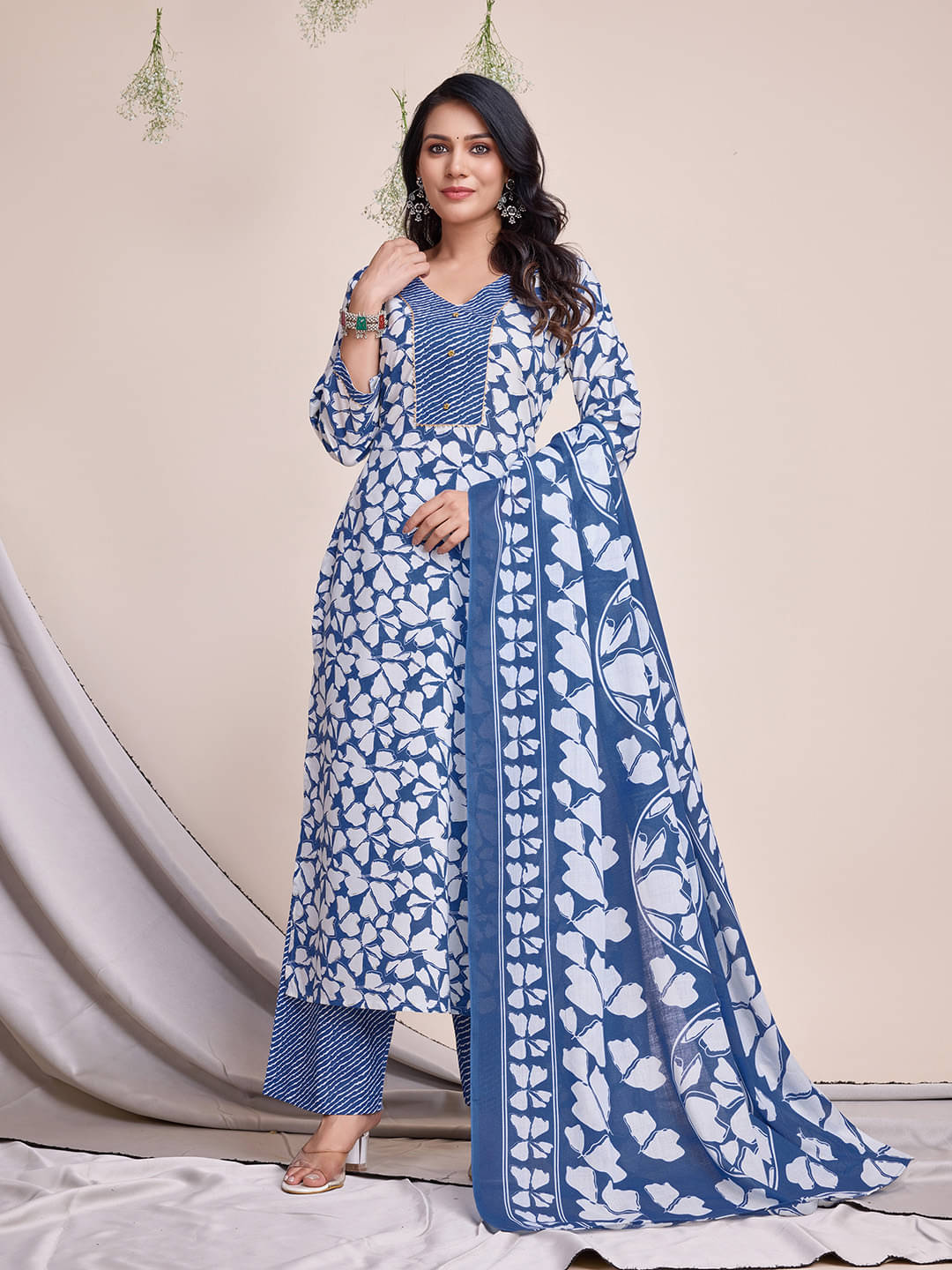     			MOJILAA Cotton Printed Kurti With Palazzo Women's Stitched Salwar Suit - Blue ( Pack of 1 )
