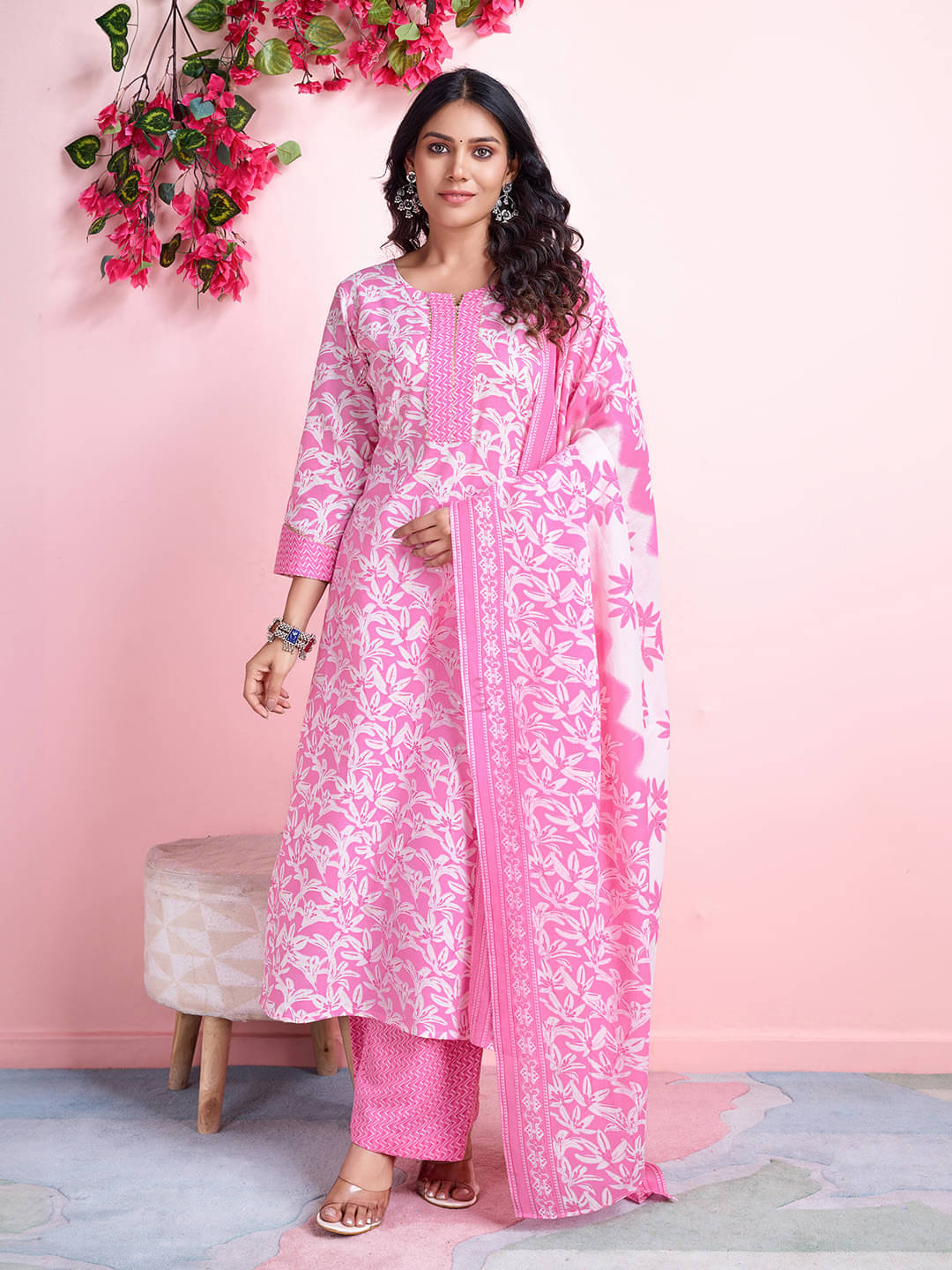     			MOJILAA Cotton Printed Kurti With Salwar Women's Stitched Salwar Suit - Pink ( Pack of 1 )