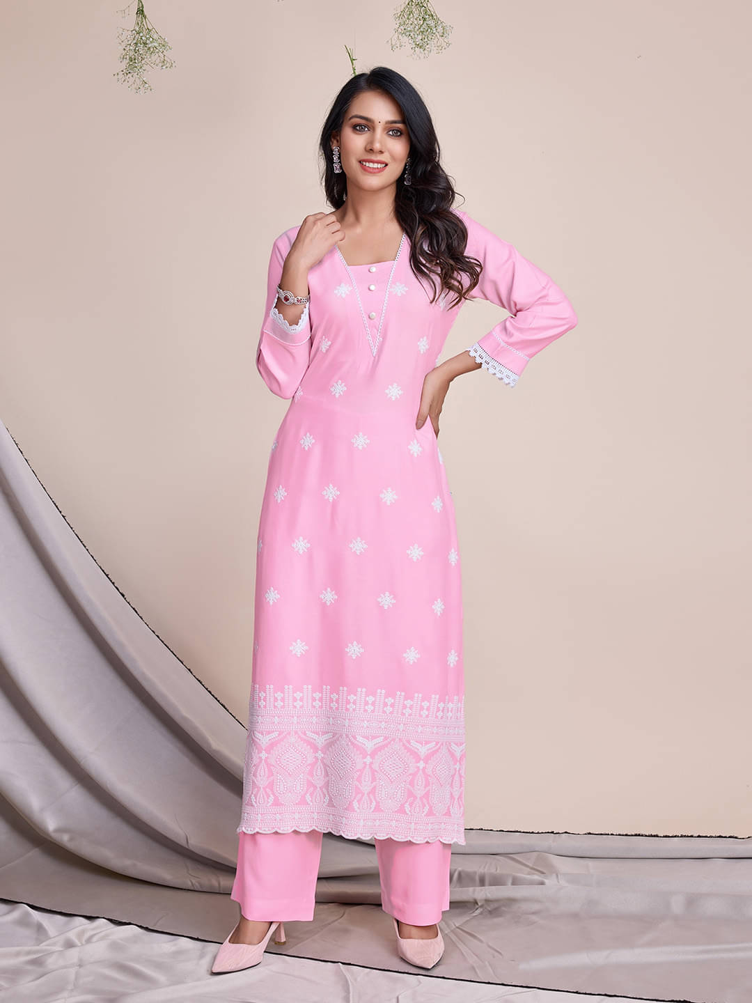 MOJILAA Rayon Embroidered Kurti With Palazzo Women's Stitched Salwar Suit - Pink ( Pack of 1 ) MOJILAA Rayon Embroidered Kurti With Palazzo Women's Stitched Salwar Suit - Pink ( Pack of 1 )