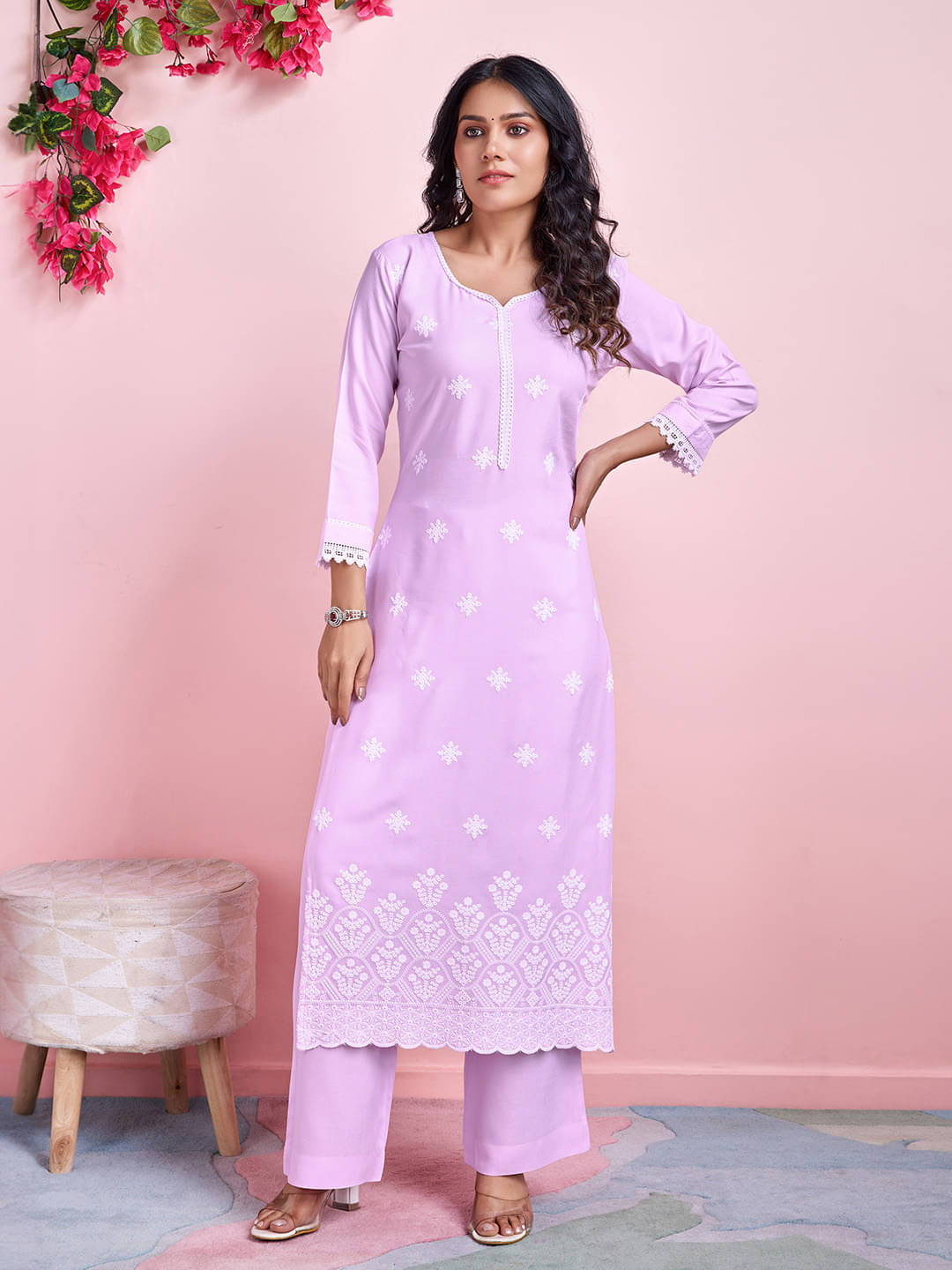     			MOJILAA Rayon Embroidered Kurti With Pants Women's Stitched Salwar Suit - Lavender ( Pack of 1 )