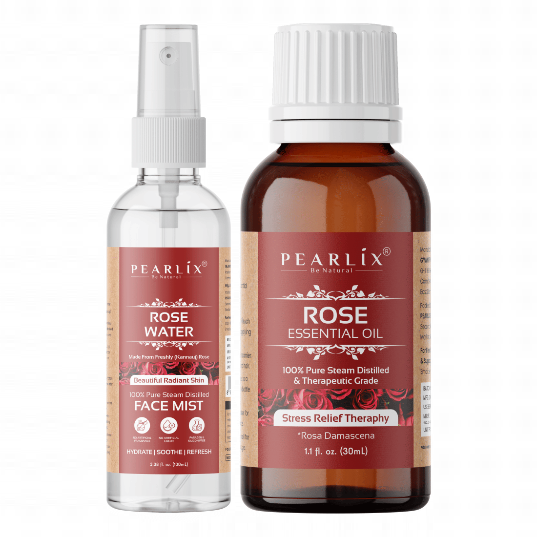    			PEARLIX Rose Water & Rose Essential Oil for Stress Relief, Skin, Hair, Bath & Aroma 100% Pure & Natural  ( Pack of 2 ), 130ml