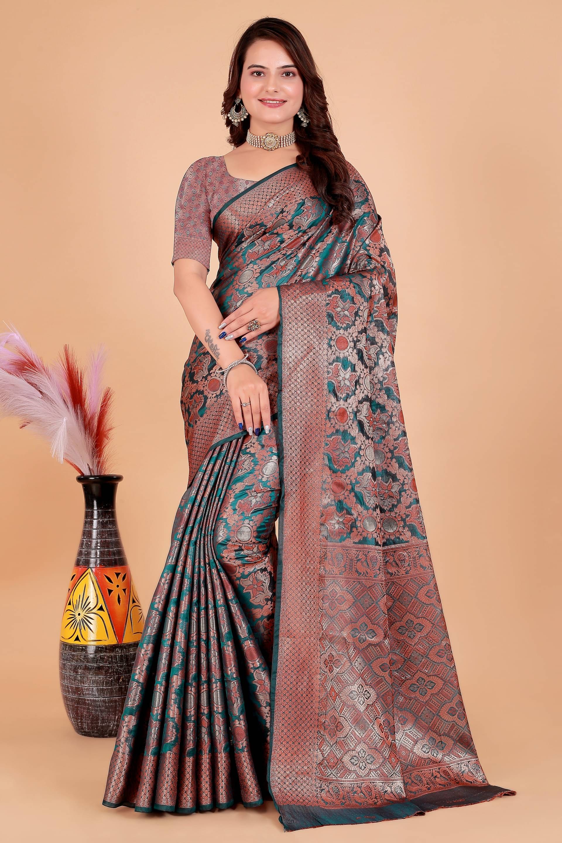 Raj Vivah Jacquard Embellished Saree With Unstitched Blouse Piece ( Peach ) Raj Vivah Jacquard Embellished Saree With Unstitched Blouse Piece ( Peach )