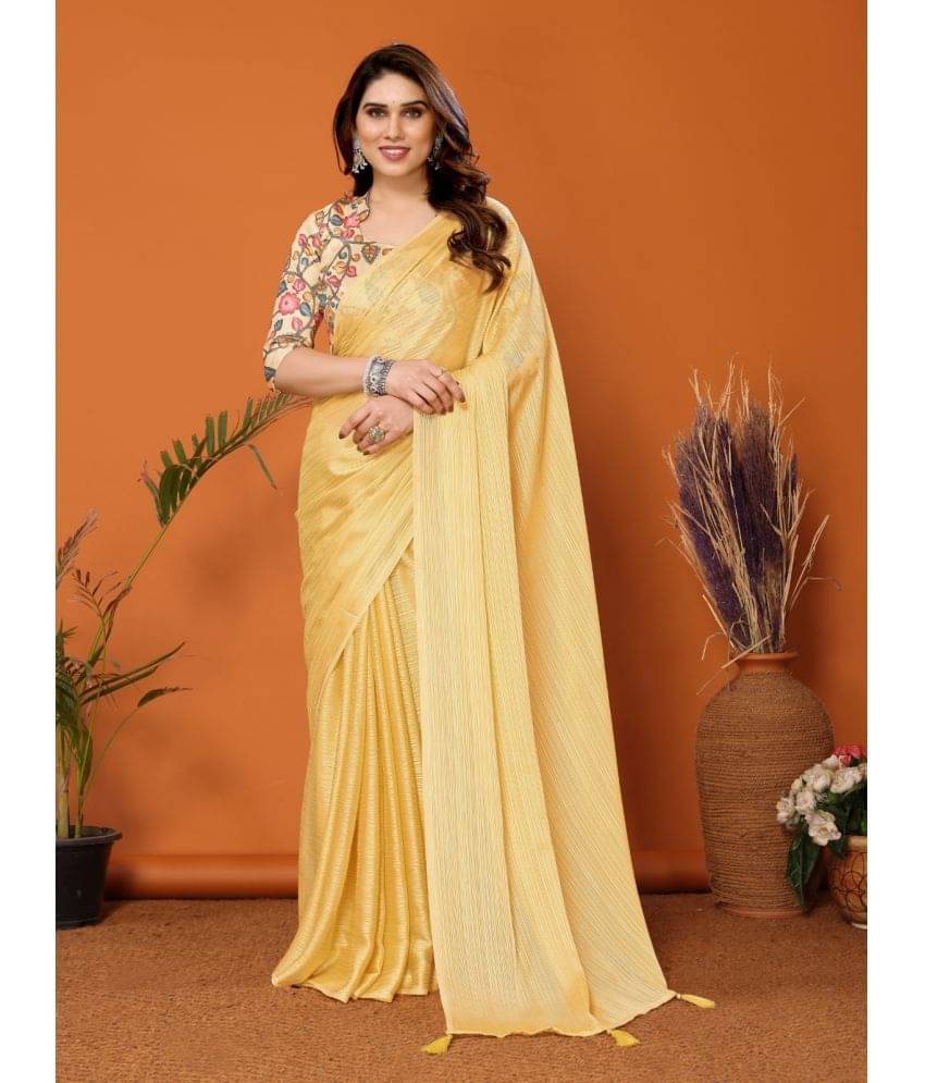 BLEESBURY Chiffon Solid Saree With Unstitched Blouse Piece ( Yellow ) BLEESBURY Chiffon Solid Saree With Unstitched Blouse Piece ( Yellow )