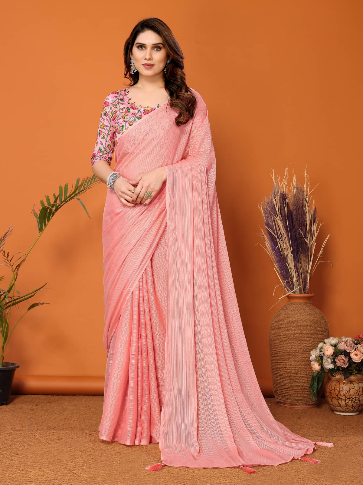 BLEESBURY Chiffon Solid Saree With Unstitched Blouse Piece ( Rose Gold ) BLEESBURY Chiffon Solid Saree With Unstitched Blouse Piece ( Rose Gold )