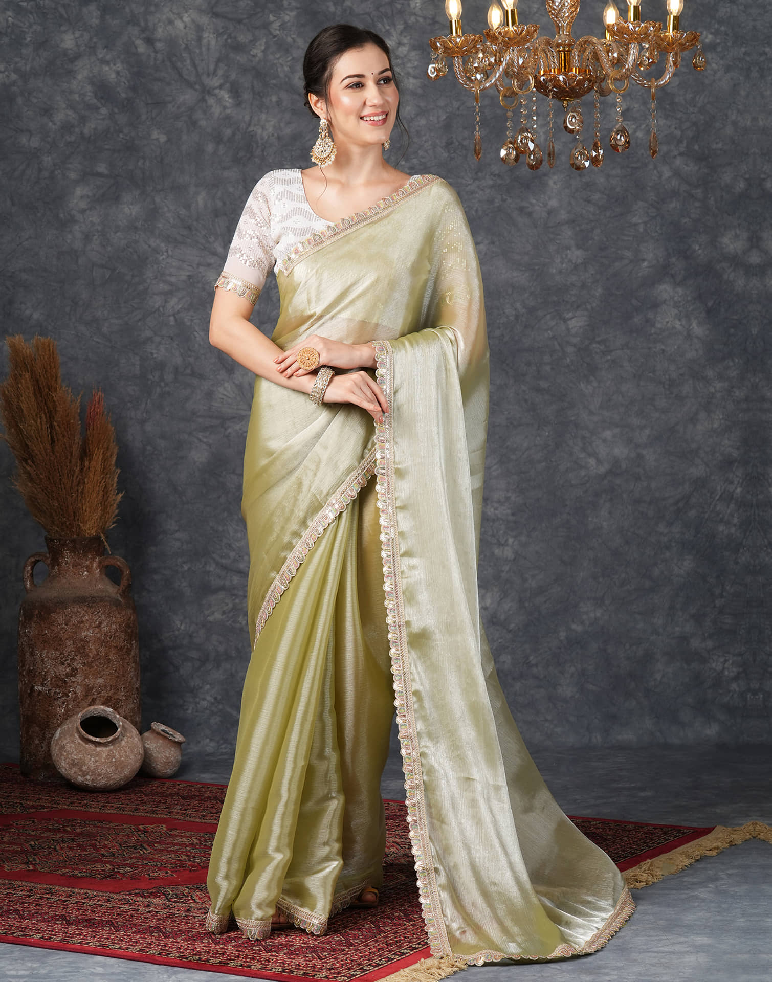 Samah Chiffon Embellished Saree With Unstitched Blouse Piece ( Green ) - Sarees | Buy online on ZillyBuy