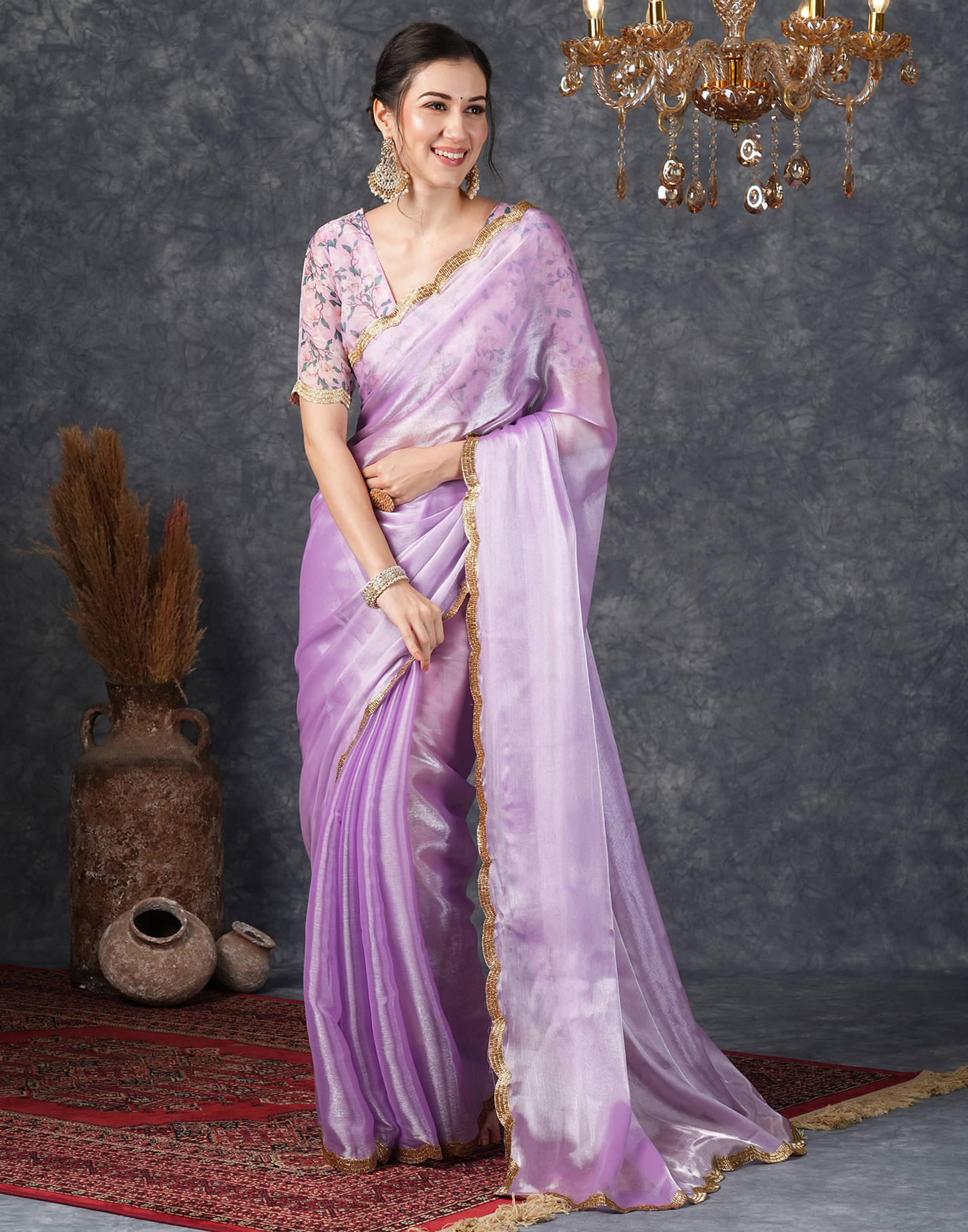     			Samah Chiffon Embellished Saree With Unstitched Blouse Piece ( Purple )