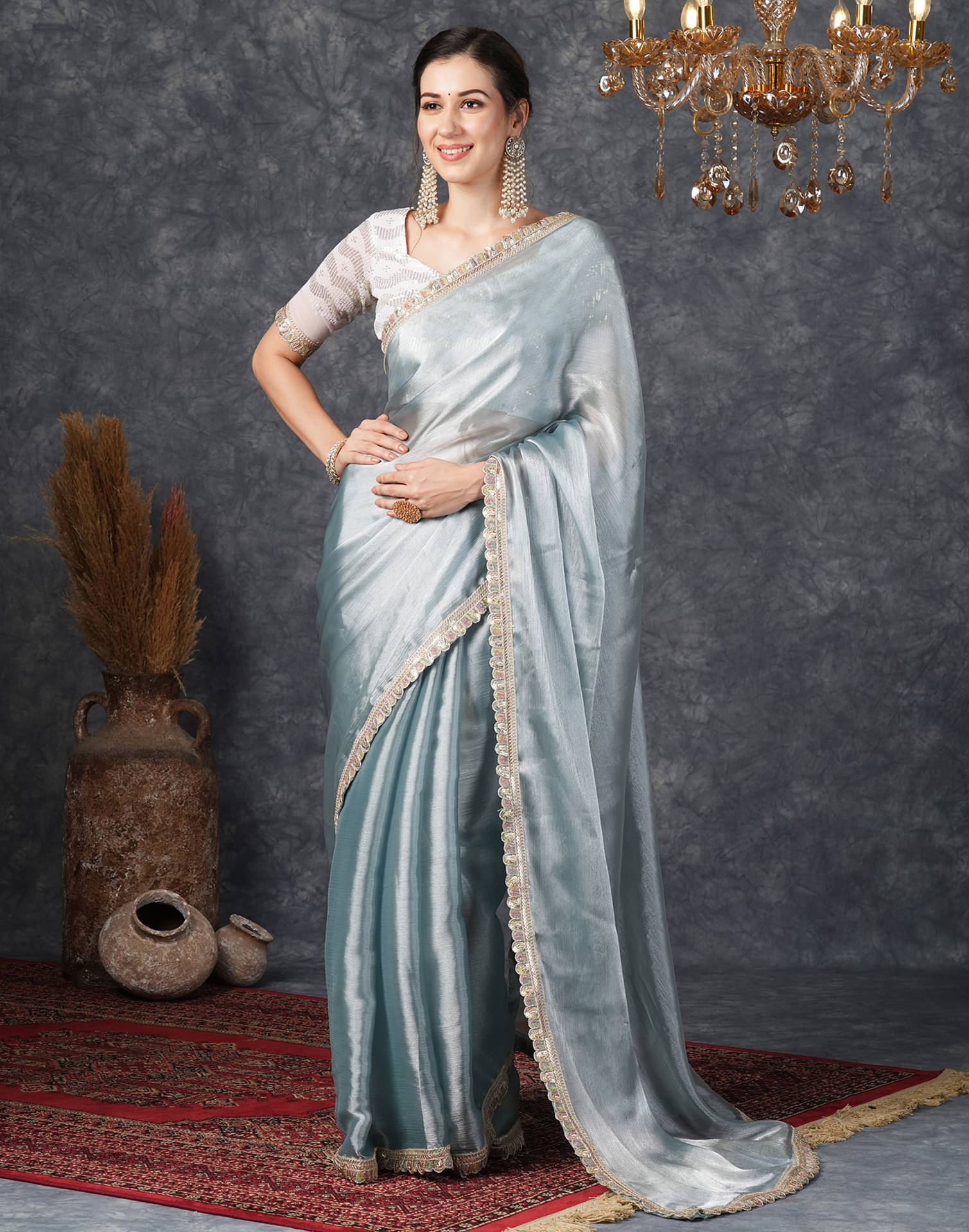 Samah Chiffon Embellished Saree With Unstitched Blouse Piece ( Grey ) Samah Chiffon Embellished Saree With Unstitched Blouse Piece ( Grey )