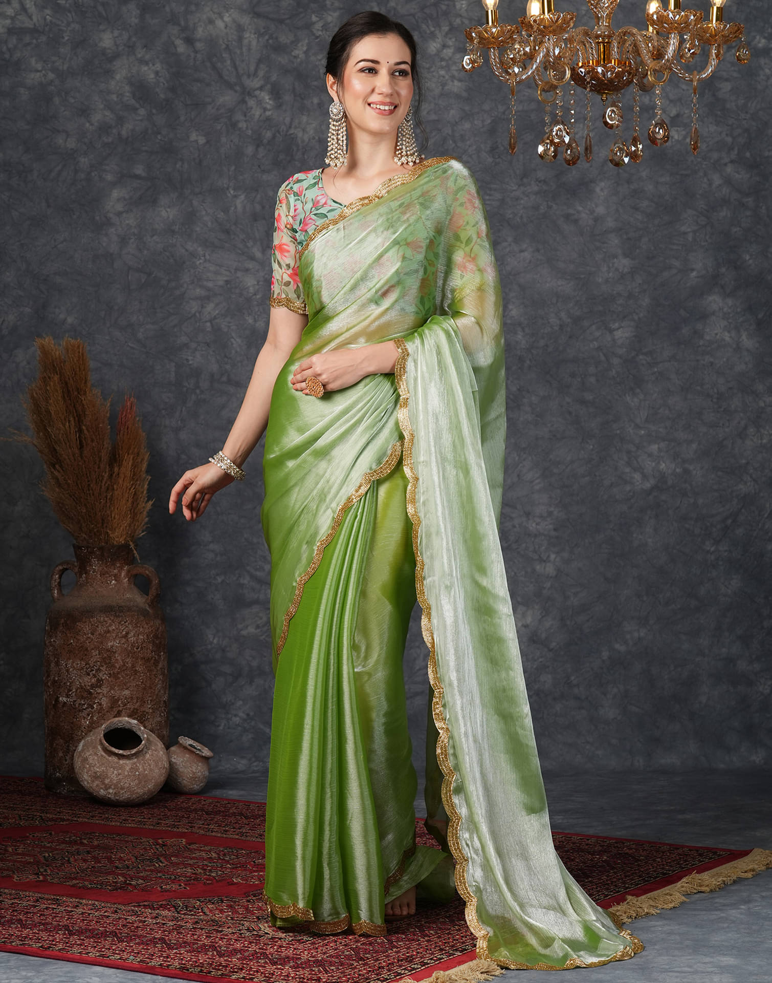     			Samah Chiffon Embellished Saree With Unstitched Blouse Piece ( Sea Green )
