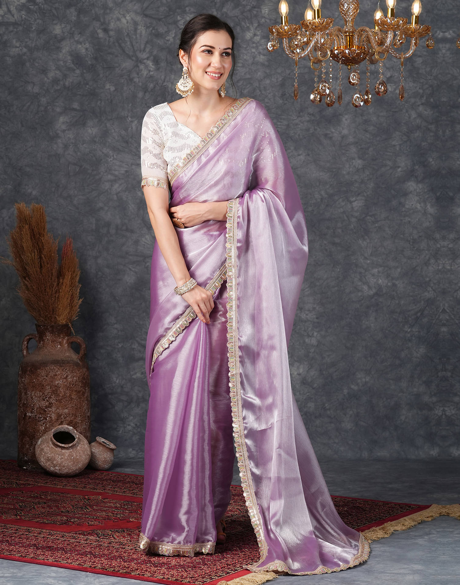     			Samah Chiffon Embellished Saree With Unstitched Blouse Piece ( Purple )